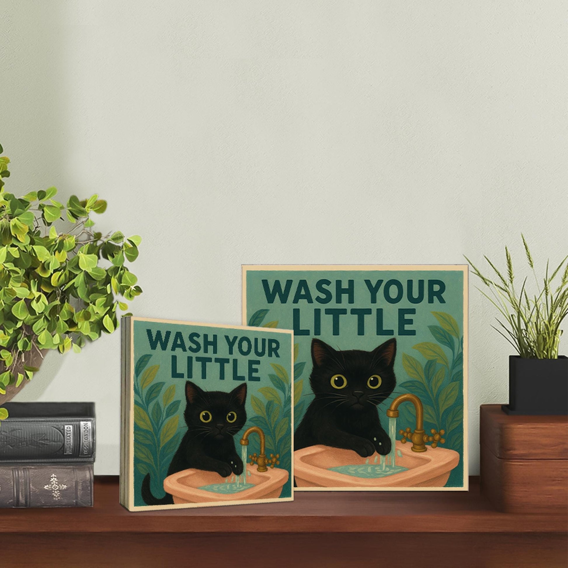 Funny Cat Bathroom Sign, Wash Your Little Kitty Wall Art, Black Cat Sink Decor, Cute Cat Handwashing Humor Gift