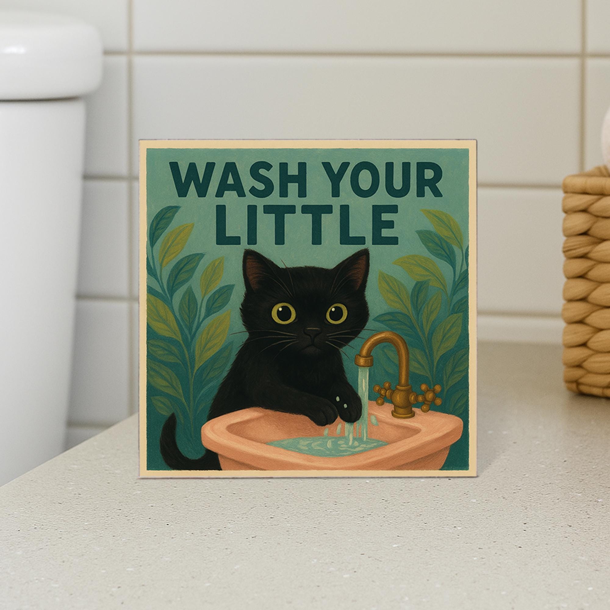 Funny Cat Bathroom Sign, Wash Your Little Kitty Wall Art, Black Cat Sink Decor, Cute Cat Handwashing Humor Gift