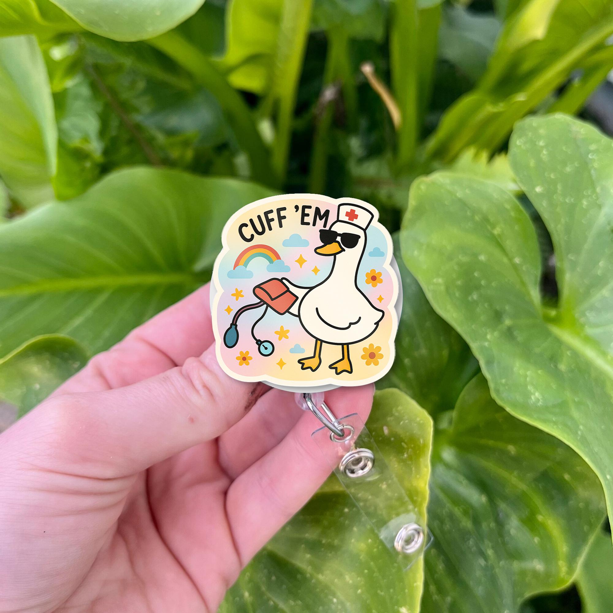 Funny Goose Badge Reel, Nurse ID Badge Holder, Cuff 'Em Duck Clip, Cute RN Retractable Badge, Nurse Humor Gift for Coworker