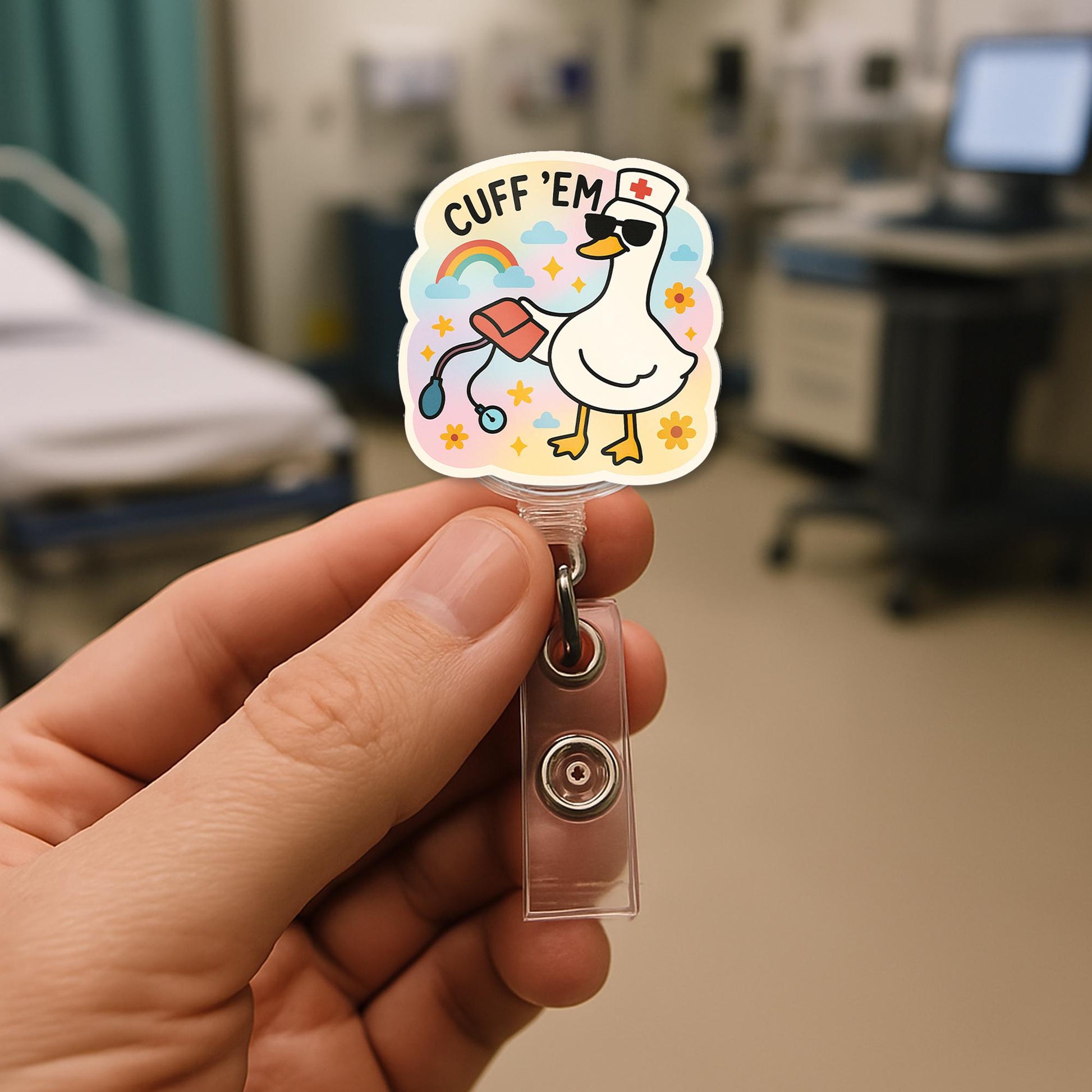Funny Goose Badge Reel, Nurse ID Badge Holder, Cuff 'Em Duck Clip, Cute RN Retractable Badge, Nurse Humor Gift for Coworker
