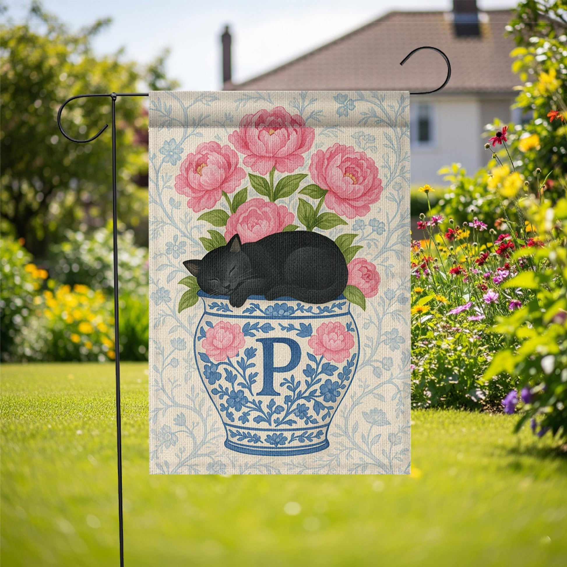 Personalized Black Cat Sleeping on Peony Flowers Vase Flag – Custom Family Name Chinoiserie Vase Yard Sign – Outdoor Decor – Welcome Flag