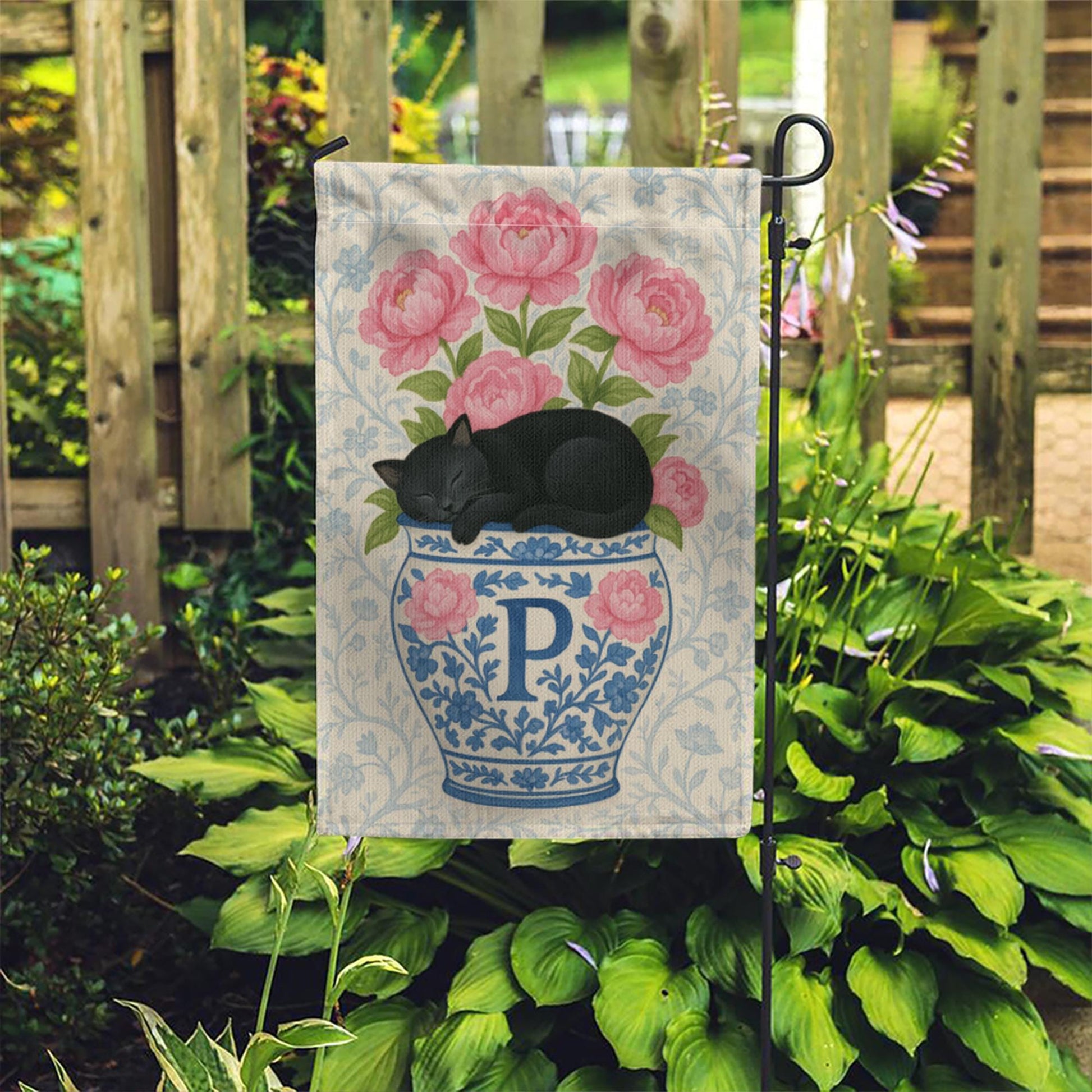 Personalized Black Cat Sleeping on Peony Flowers Vase Flag – Custom Family Name Chinoiserie Vase Yard Sign – Outdoor Decor – Welcome Flag
