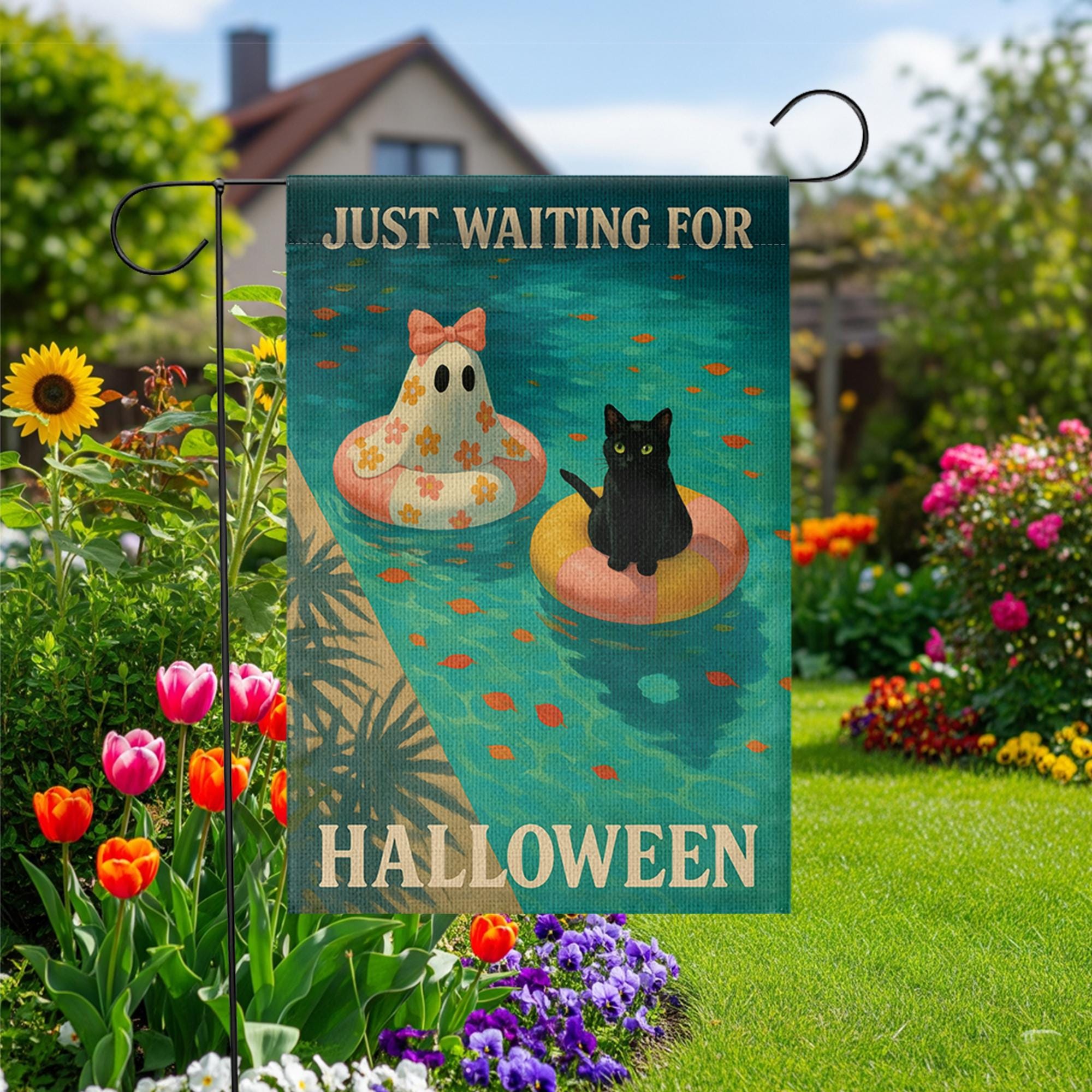 Funny Halloween Garden Flag, Black Cat Ghost Pool Decor, Summer Halloween Yard Flag, Cute Spooky Season Outdoor Sign, Fall Lawn Banner