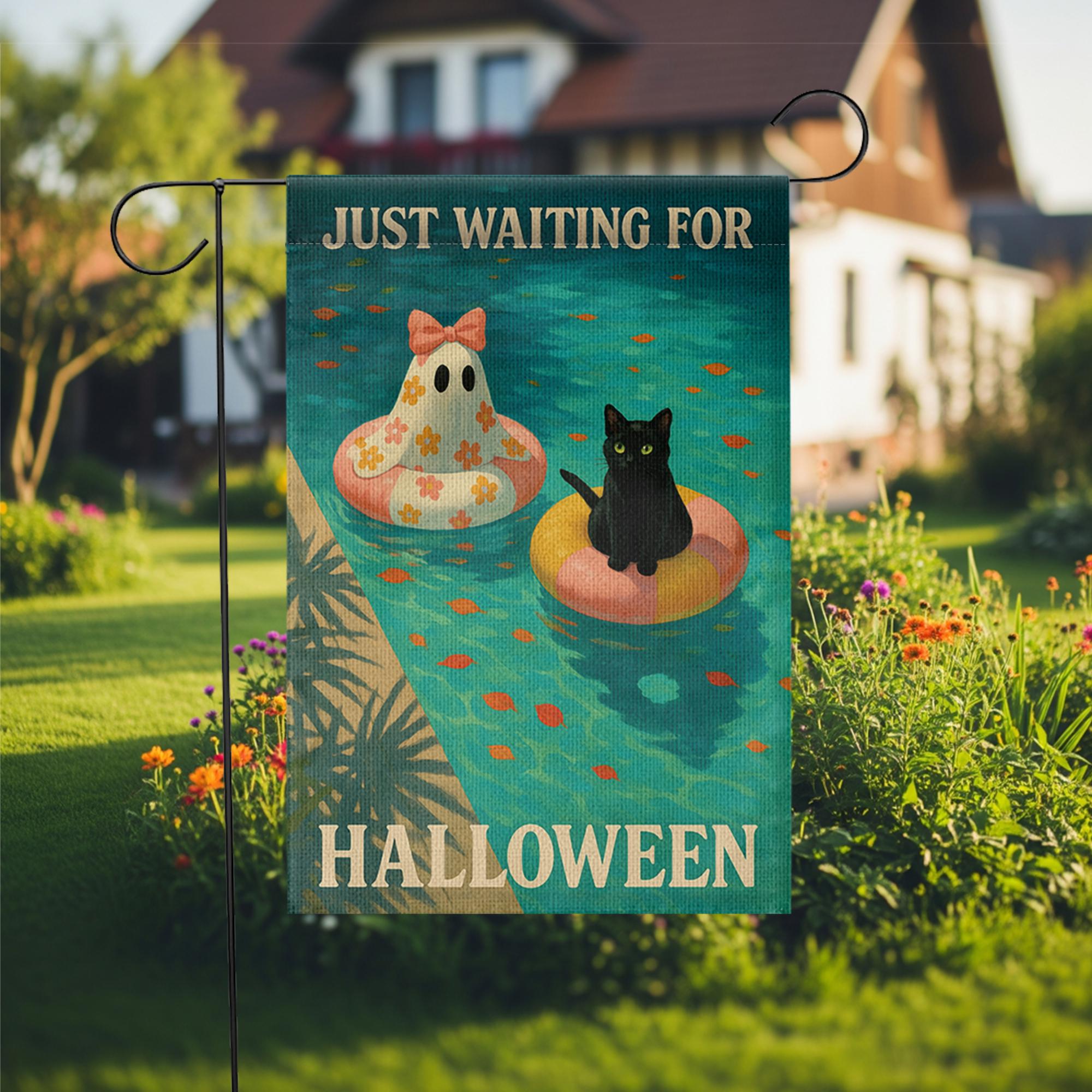 Funny Halloween Garden Flag, Black Cat Ghost Pool Decor, Summer Halloween Yard Flag, Cute Spooky Season Outdoor Sign, Fall Lawn Banner