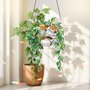 Calico Cat Sleeping on Philodendron Hologram Ornament | Cat ACRYLIC Window Hanging | Plant Lover Gift | Ivy Plants Decor, Cozy Cat Decor