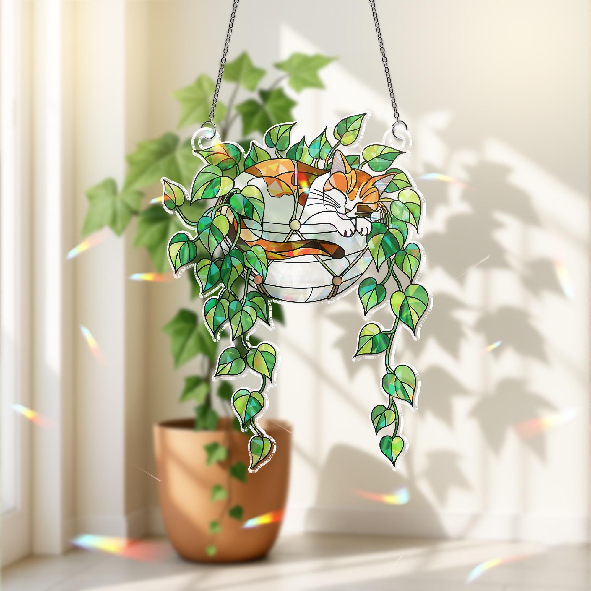 Calico Cat Sleeping on Philodendron Hologram Ornament | Cat ACRYLIC Window Hanging | Plant Lover Gift | Ivy Plants Decor, Cozy Cat Decor