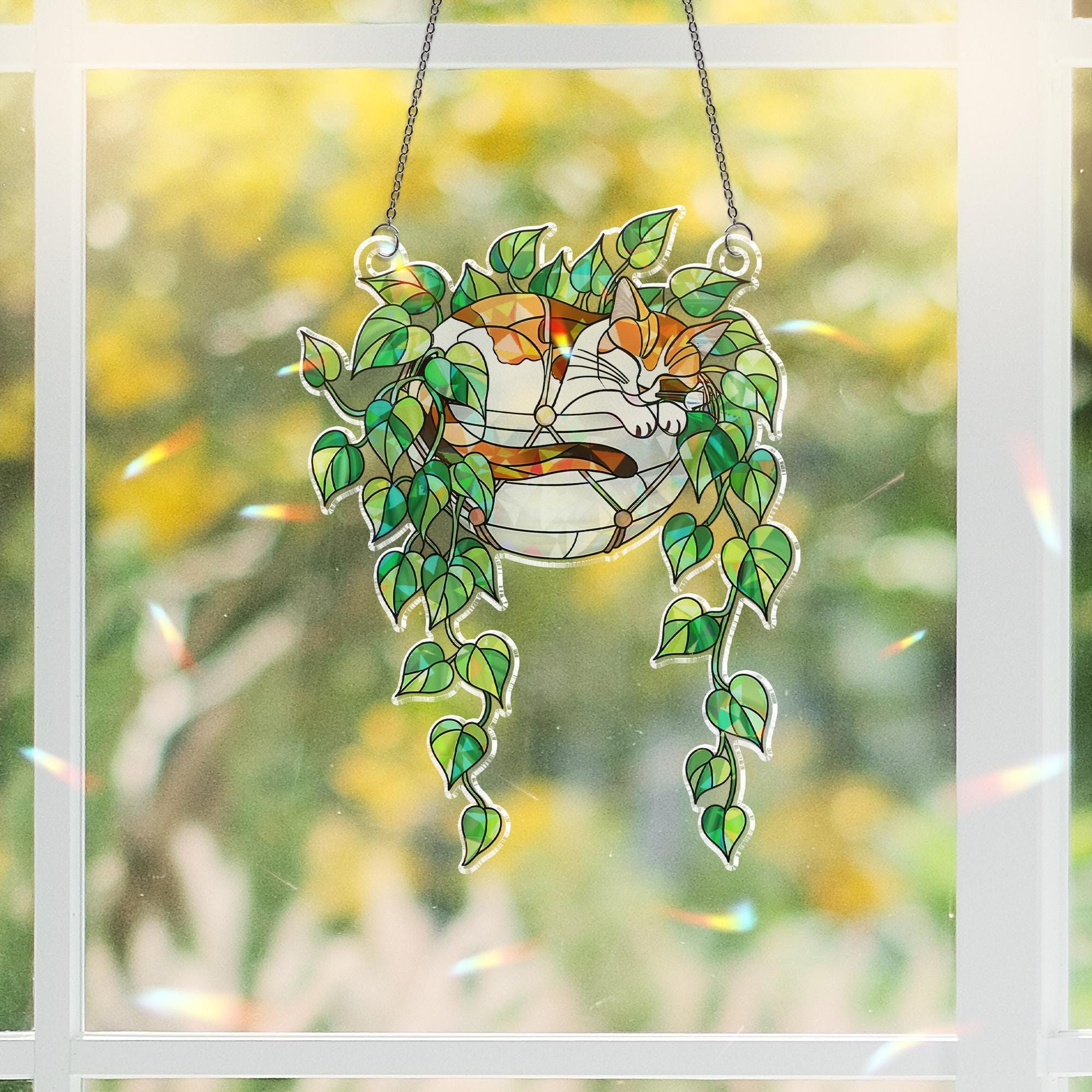 Calico Cat Sleeping on Philodendron Hologram Ornament | Cat ACRYLIC Window Hanging | Plant Lover Gift | Ivy Plants Decor, Cozy Cat Decor