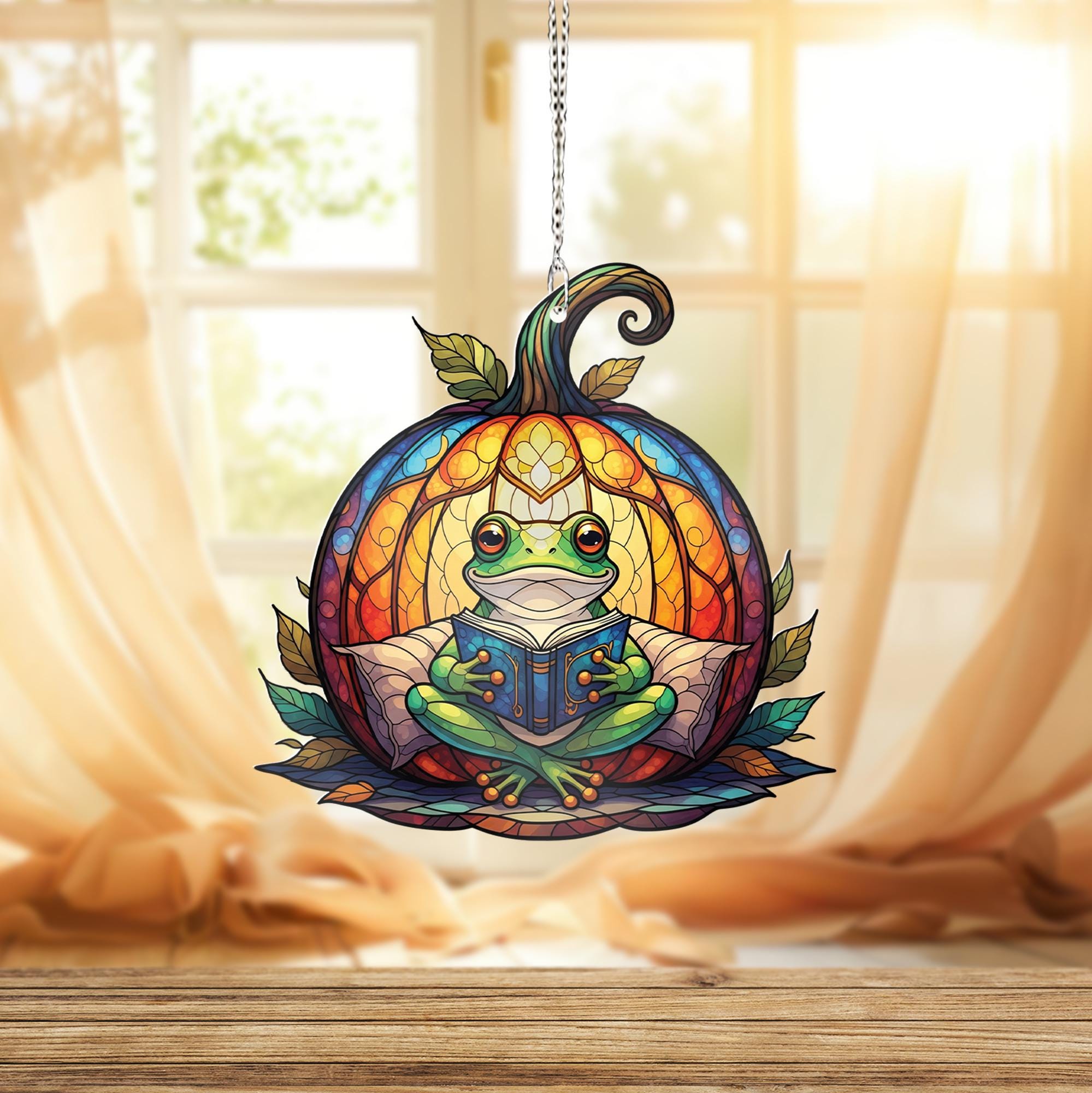 Reading Frog Pumpkin Suncatcher – Fall Window Hanging – Cute Autumn Glass Art Decor for Book Lovers and Frog Fans