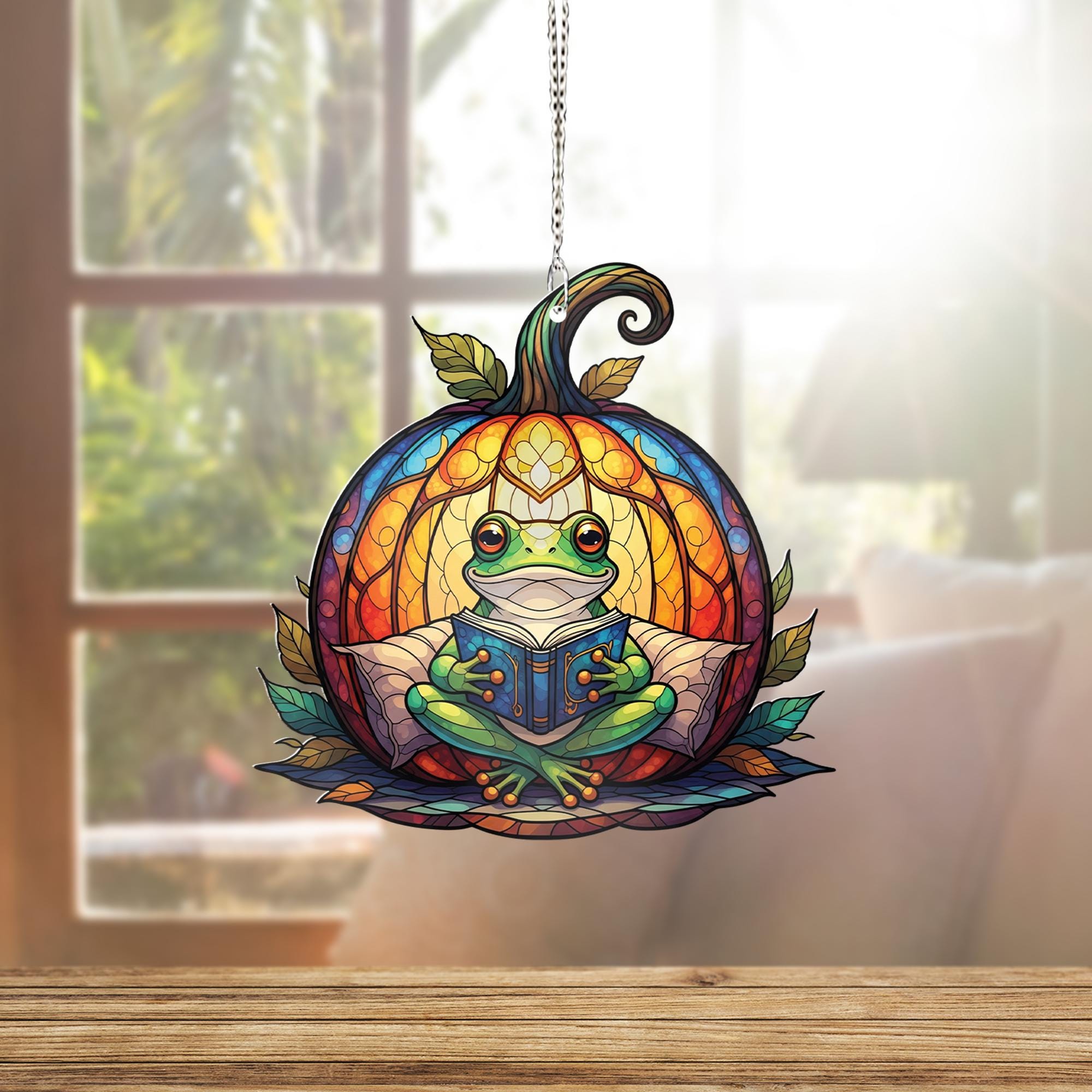 Reading Frog Pumpkin Suncatcher – Fall Window Hanging – Cute Autumn Glass Art Decor for Book Lovers and Frog Fans
