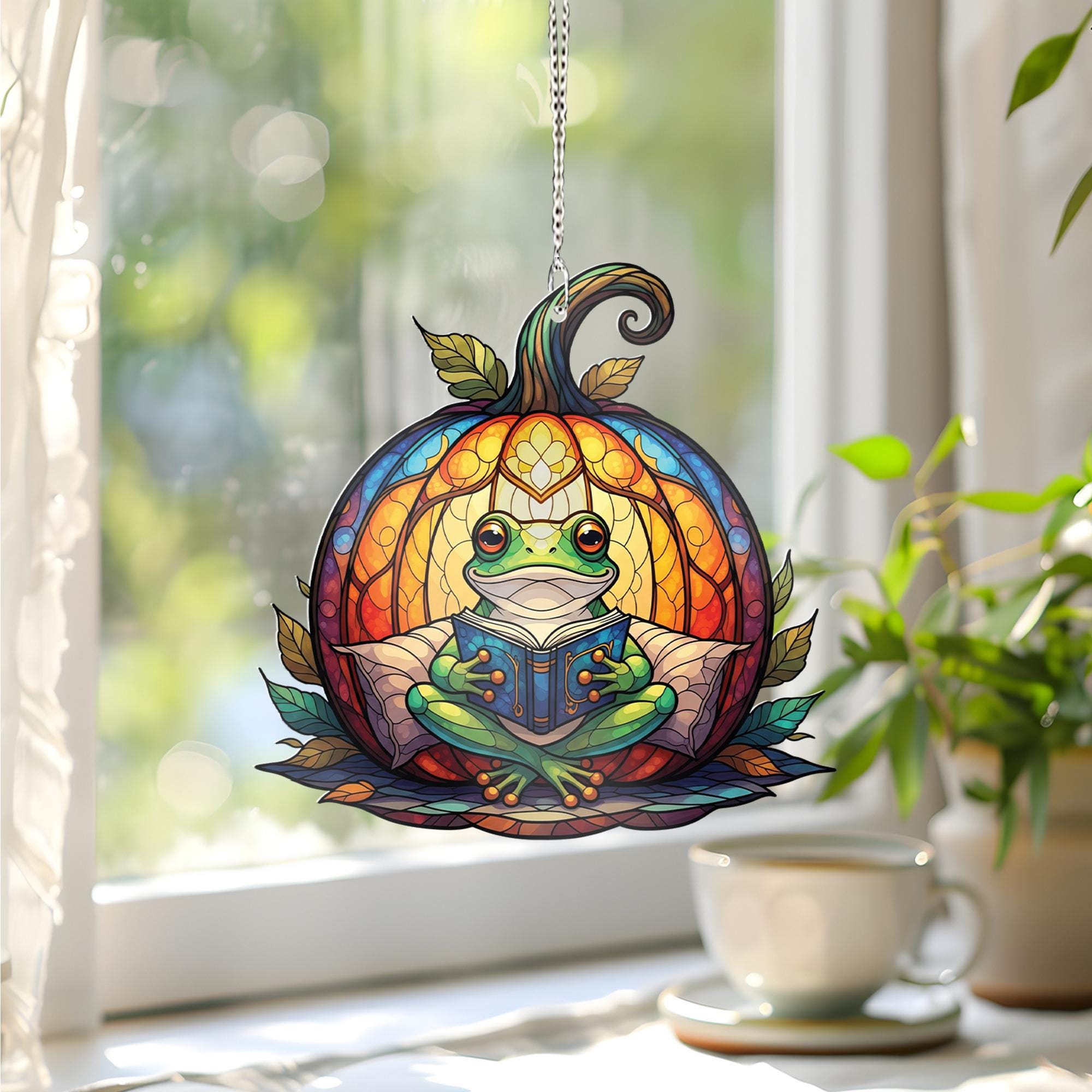 Reading Frog Pumpkin Suncatcher – Fall Window Hanging – Cute Autumn Glass Art Decor for Book Lovers and Frog Fans