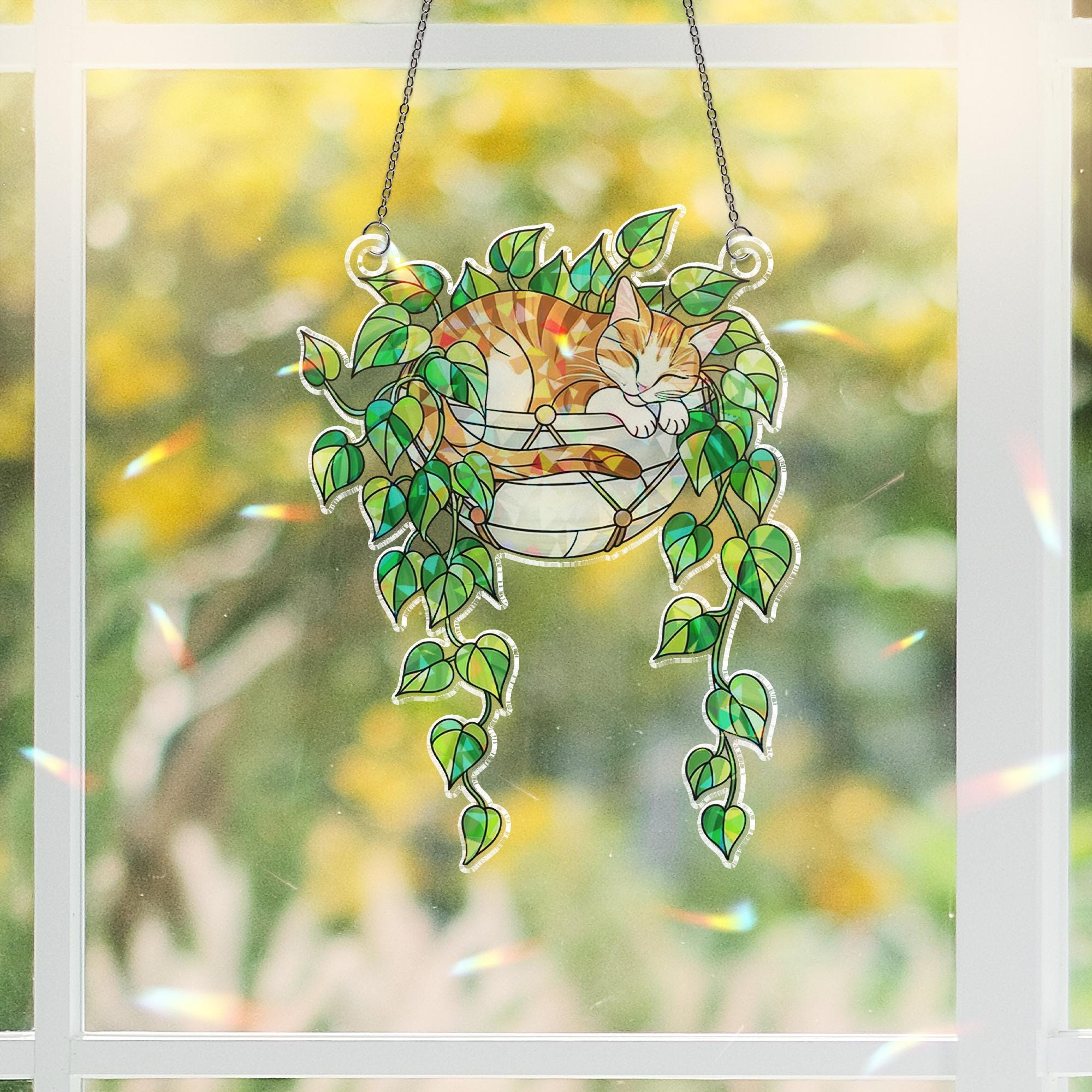 Tabby Cat Sleeping on Philodendron Hologram Ornament | Cat ACRYLIC Window Hanging | Plant Lover Gift | Ivy Plants Decor, Cozy Cat Decor