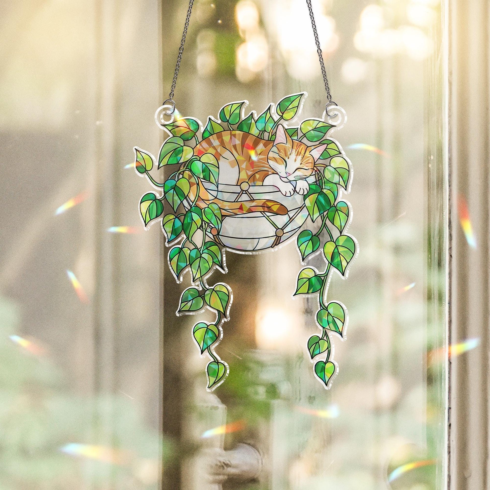 Tabby Cat Sleeping on Philodendron Hologram Ornament | Cat ACRYLIC Window Hanging | Plant Lover Gift | Ivy Plants Decor, Cozy Cat Decor