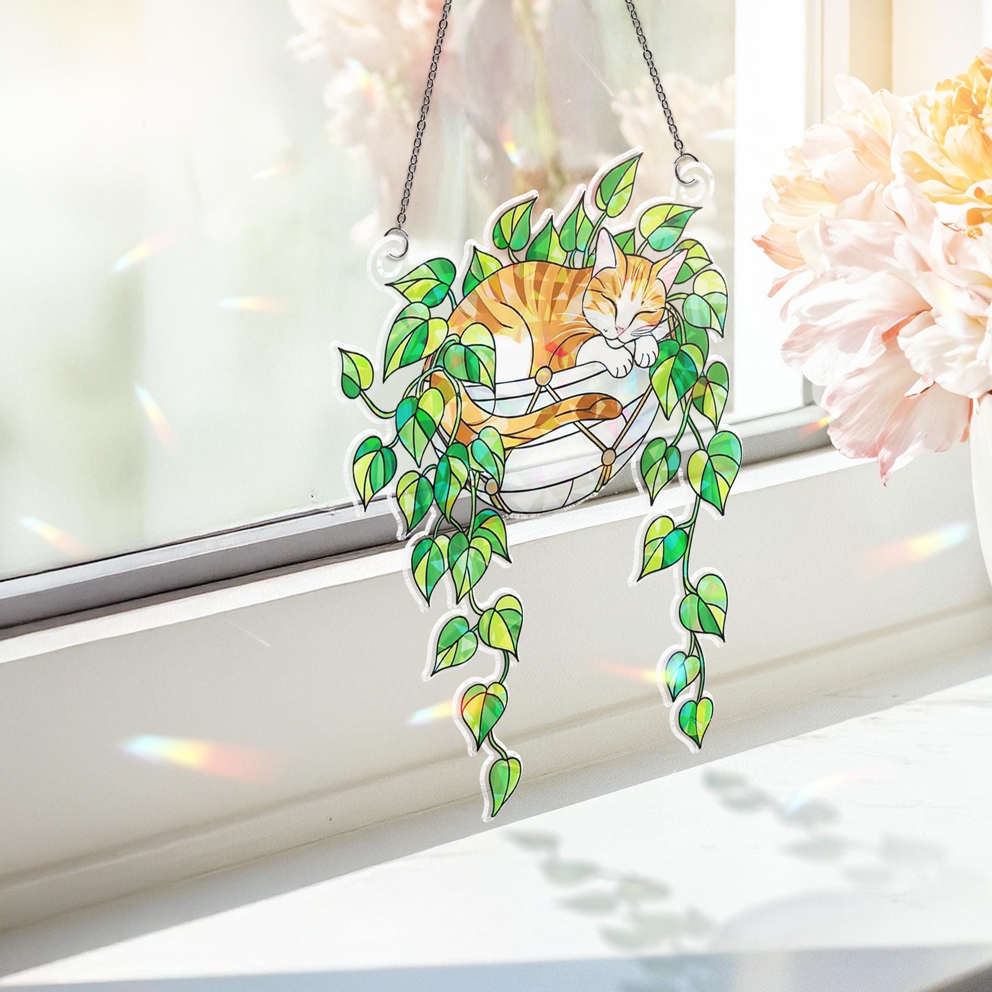 Tabby Cat Sleeping on Philodendron Hologram Ornament | Cat ACRYLIC Window Hanging | Plant Lover Gift | Ivy Plants Decor, Cozy Cat Decor
