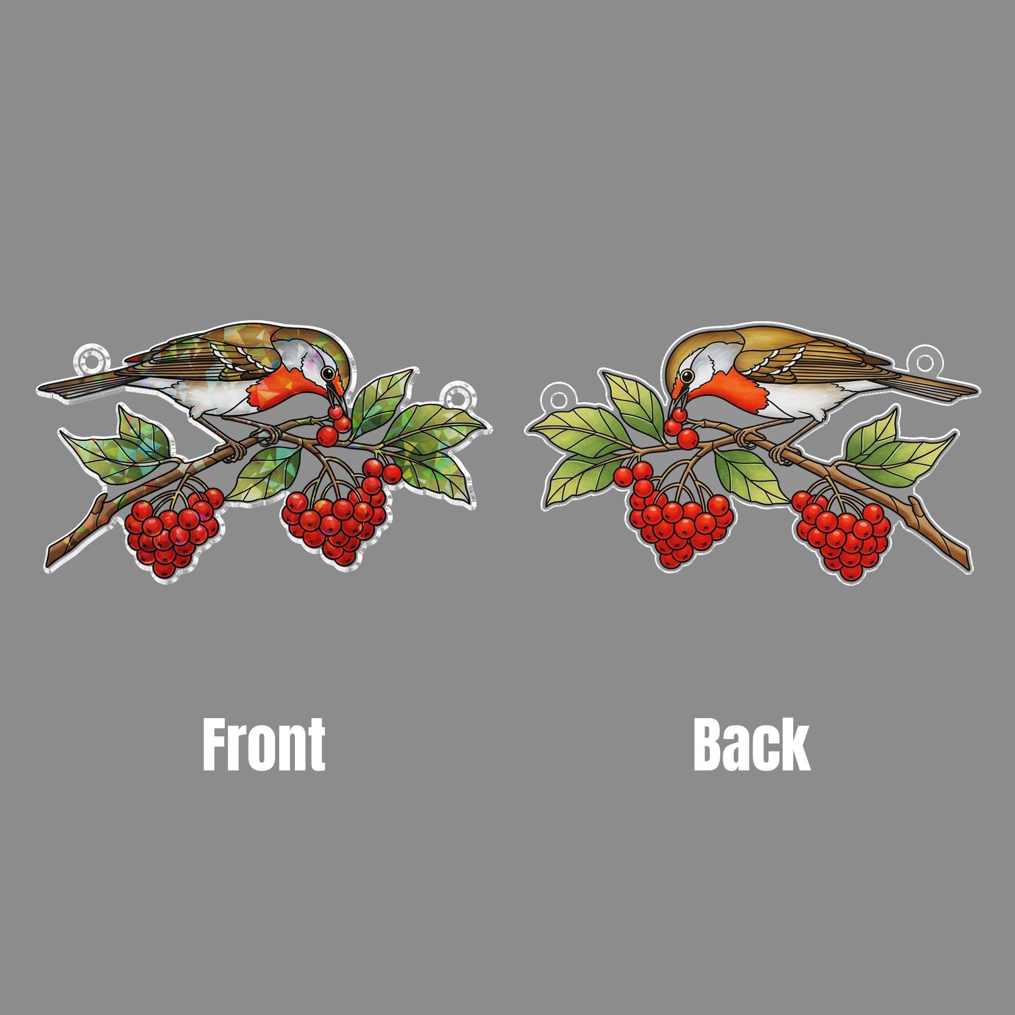 Bird and Berry Suncatcher – Holographic Window Hanging Fall Decor – Stained Glass Style Autumn Bird Ornament Gift for Nature Lovers