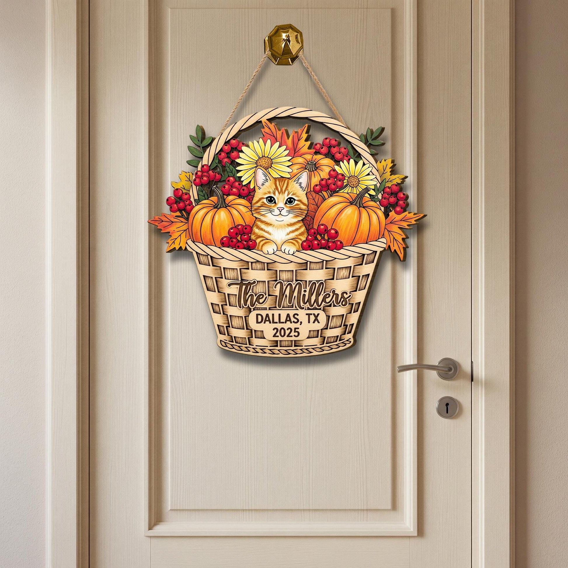 Custom Fall Cat Basket Sign – Personalized Wooden Door Hanger with Pumpkins & Flowers – Autumn Porch Decor for Family Home Gift