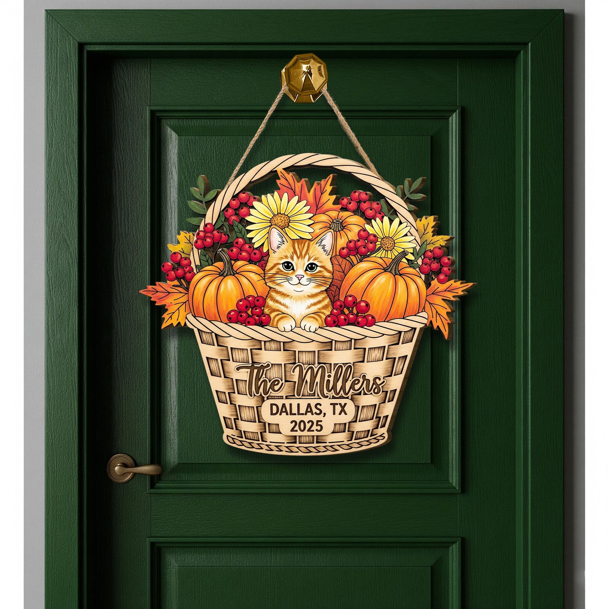 Custom Fall Cat Basket Sign – Personalized Wooden Door Hanger with Pumpkins & Flowers – Autumn Porch Decor for Family Home Gift