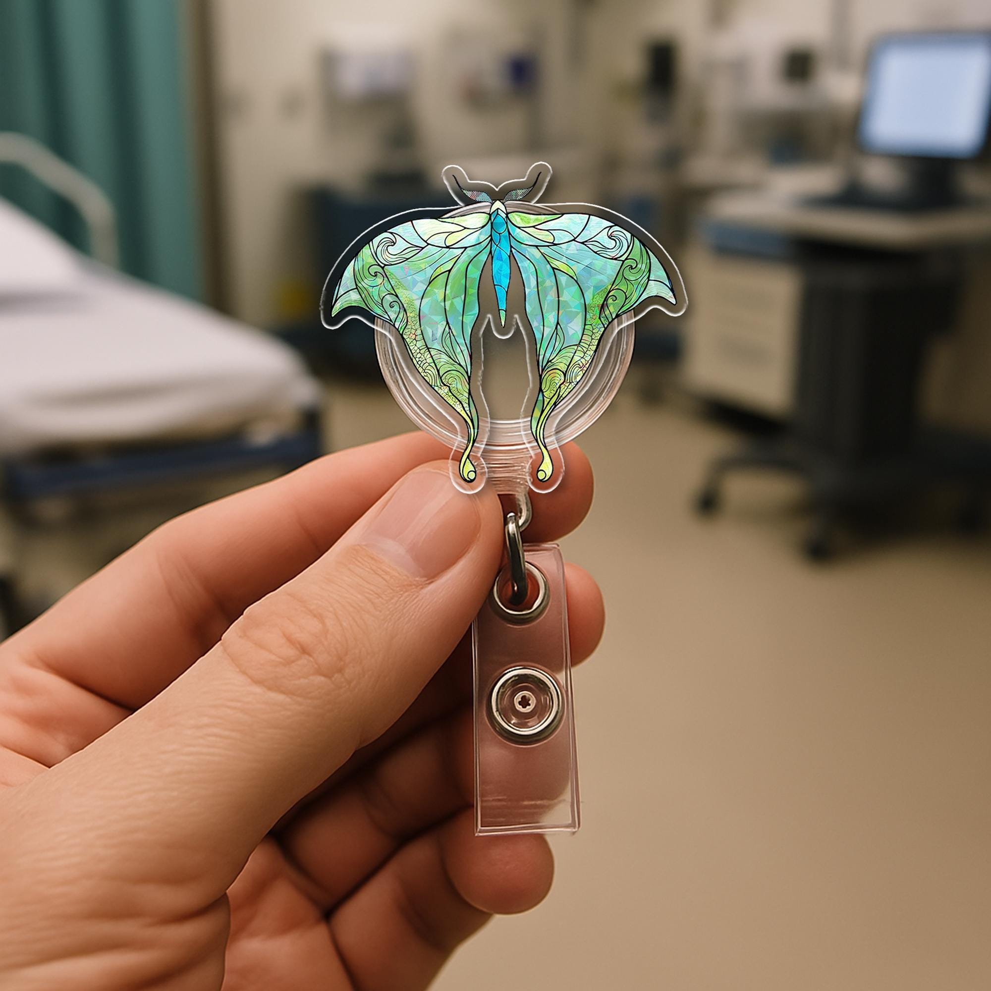 Luna Moth Badge Reel – Holographic Butterfly ID Holder for Nurses, Teachers & Staff – Nature Aesthetic Retractable Clip