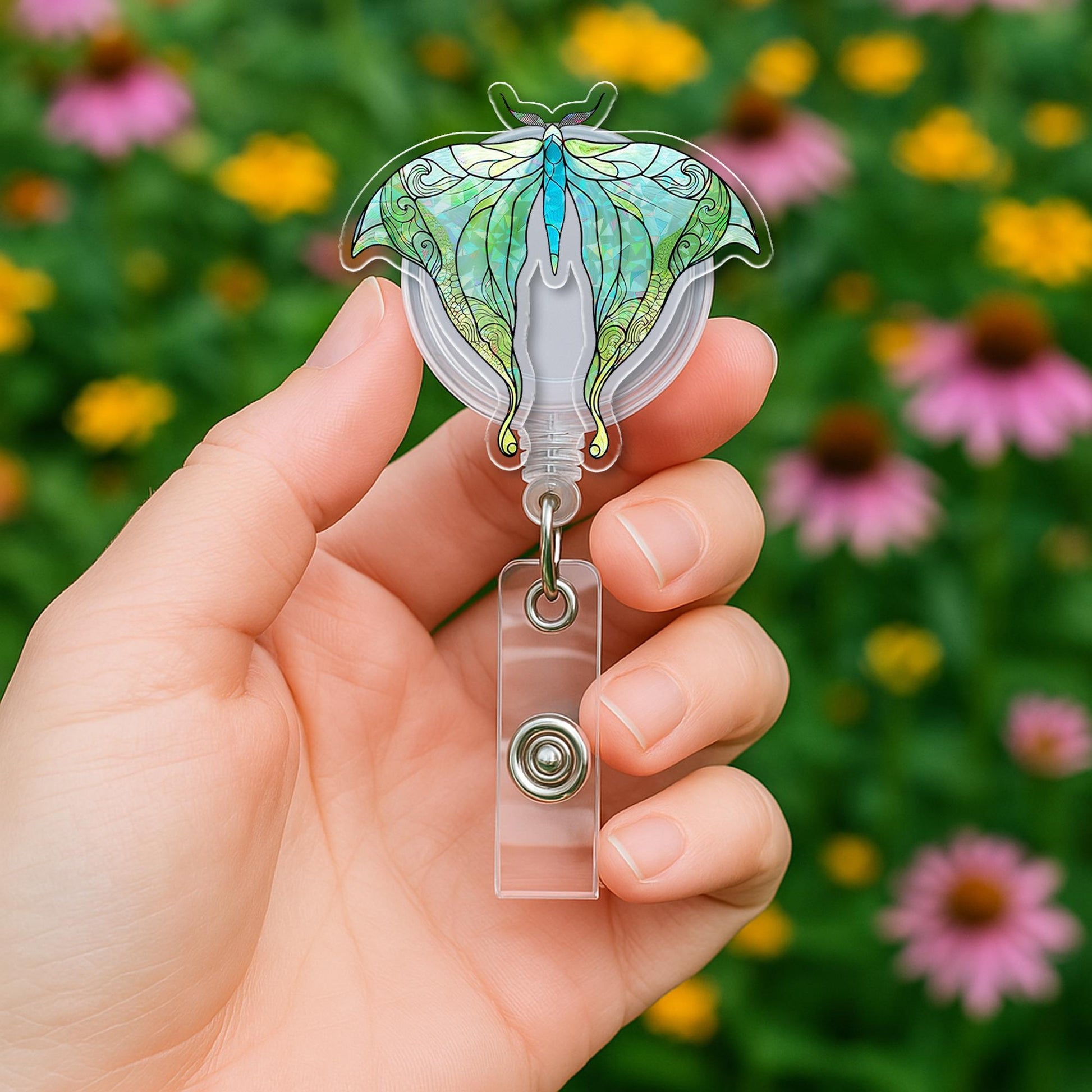 Luna Moth Badge Reel – Holographic Butterfly ID Holder for Nurses, Teachers & Staff – Nature Aesthetic Retractable Clip