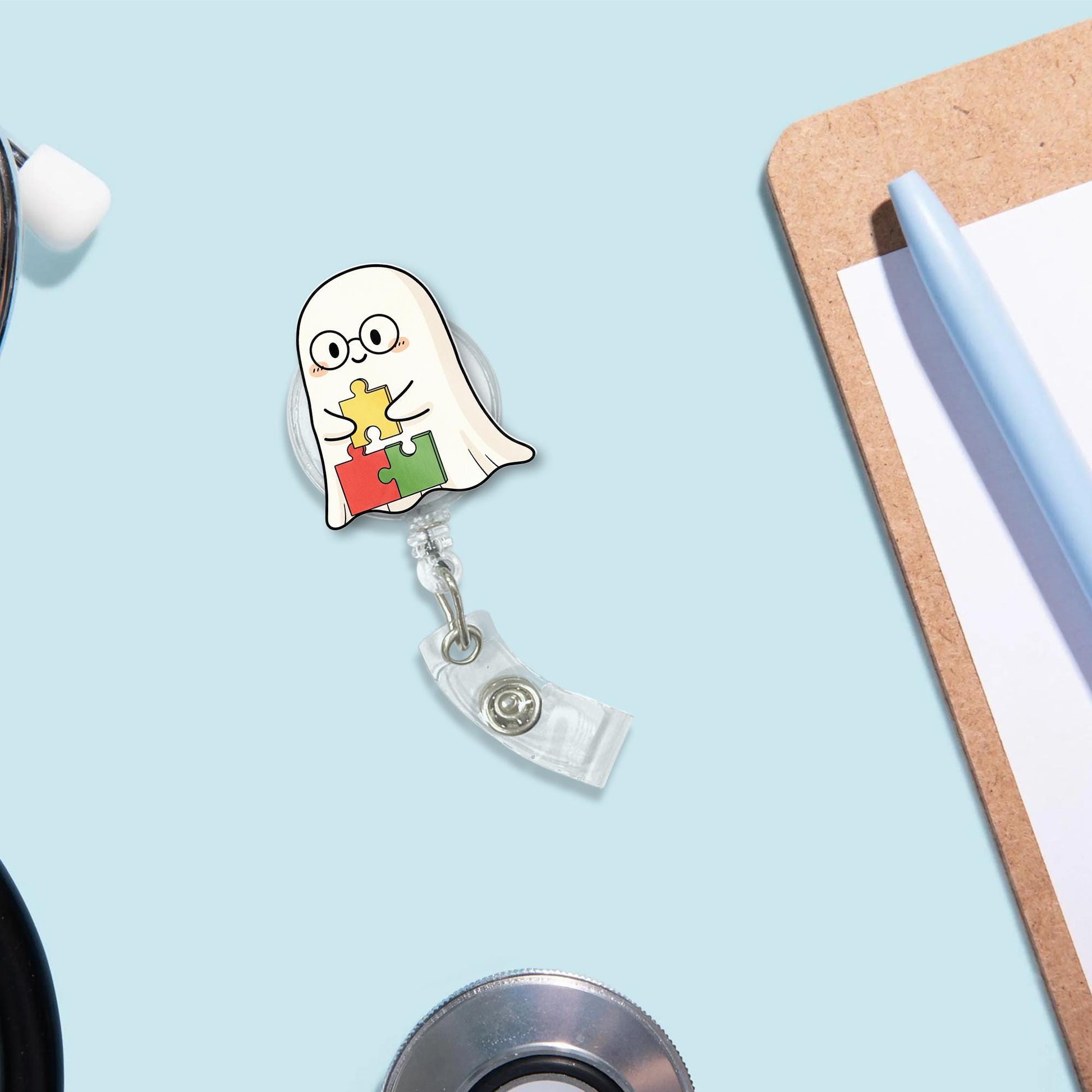 Cute Ghost Puzzle Badge Reel – Autism Awareness ID Holder, Teacher Nurse Clip, Retractable Name Tag for Classroom or Hospital Staff