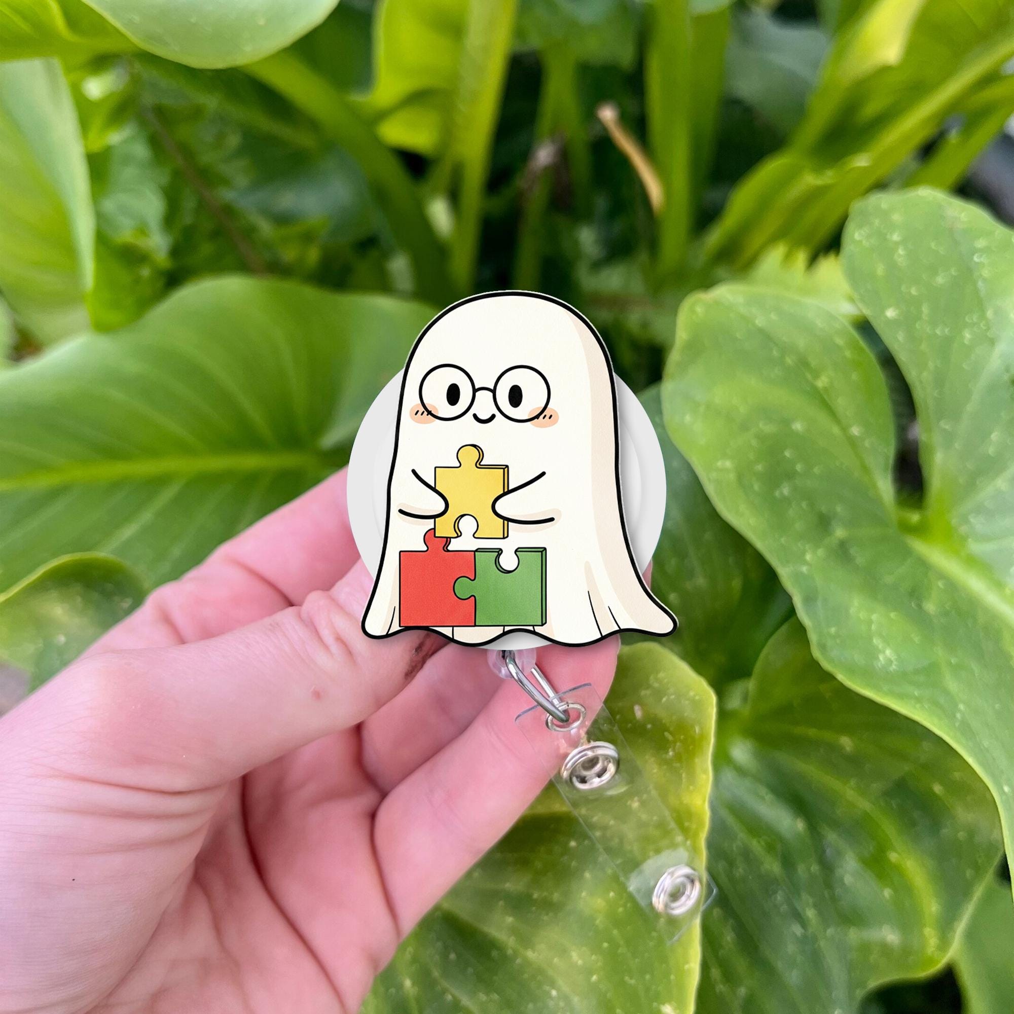 Cute Ghost Puzzle Badge Reel – Autism Awareness ID Holder, Teacher Nurse Clip, Retractable Name Tag for Classroom or Hospital Staff