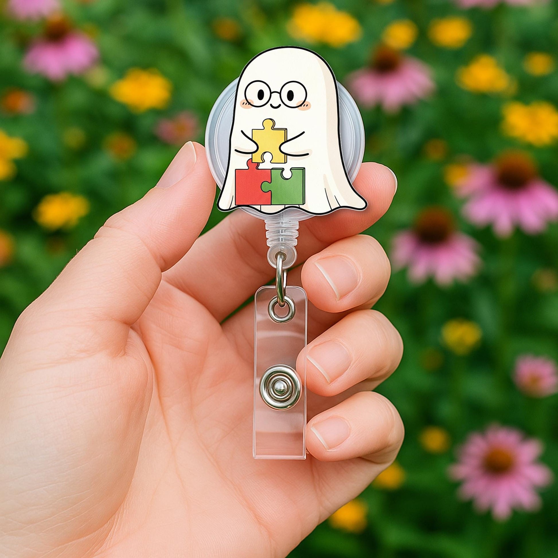 Cute Ghost Puzzle Badge Reel – Autism Awareness ID Holder, Teacher Nurse Clip, Retractable Name Tag for Classroom or Hospital Staff