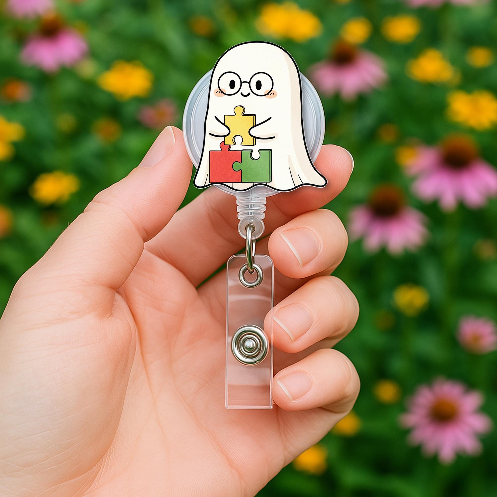 Cute Ghost Puzzle Badge Reel – Autism Awareness ID Holder, Teacher Nurse Clip, Retractable Name Tag for Classroom or Hospital Staff