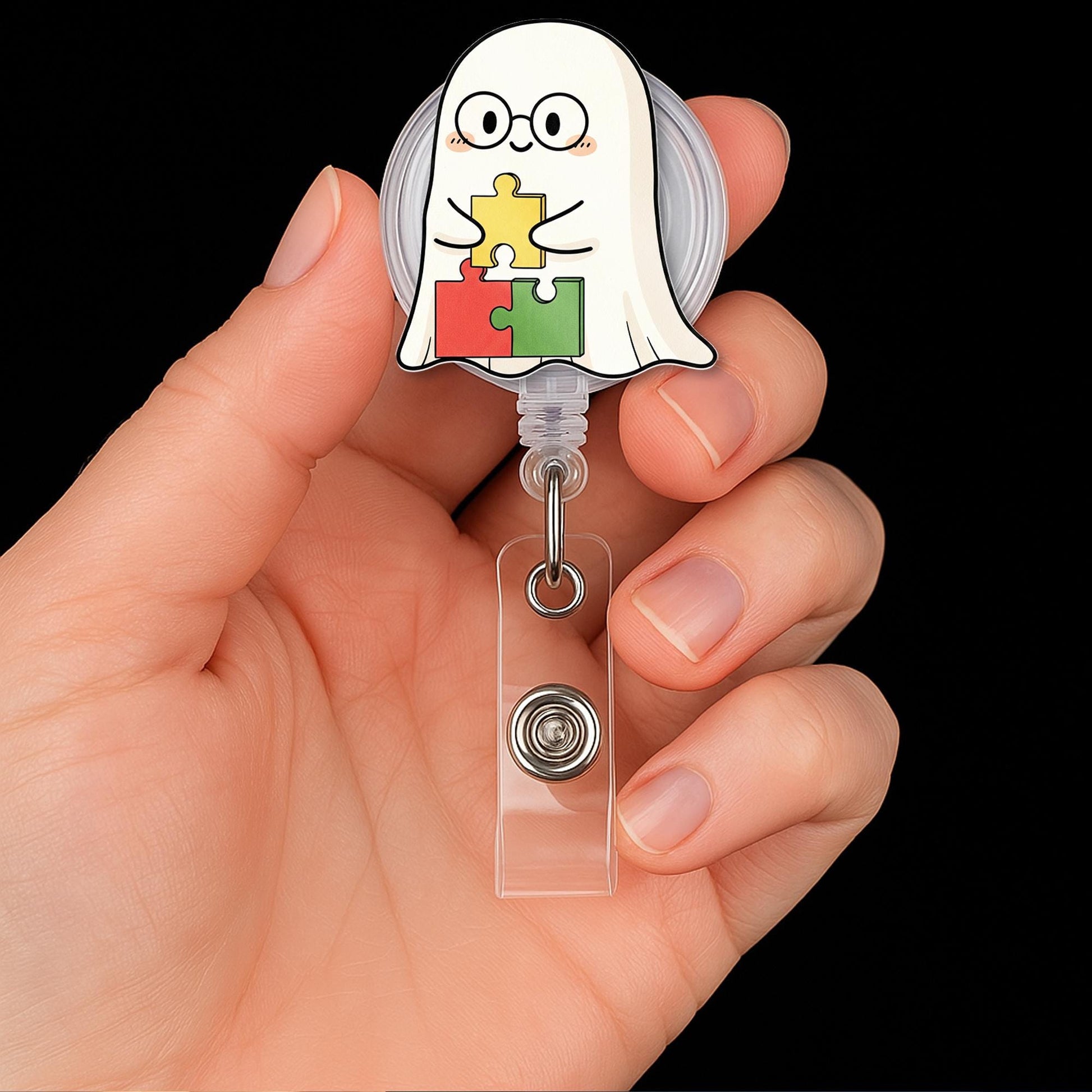 Cute Ghost Puzzle Badge Reel – Autism Awareness ID Holder, Teacher Nurse Clip, Retractable Name Tag for Classroom or Hospital Staff