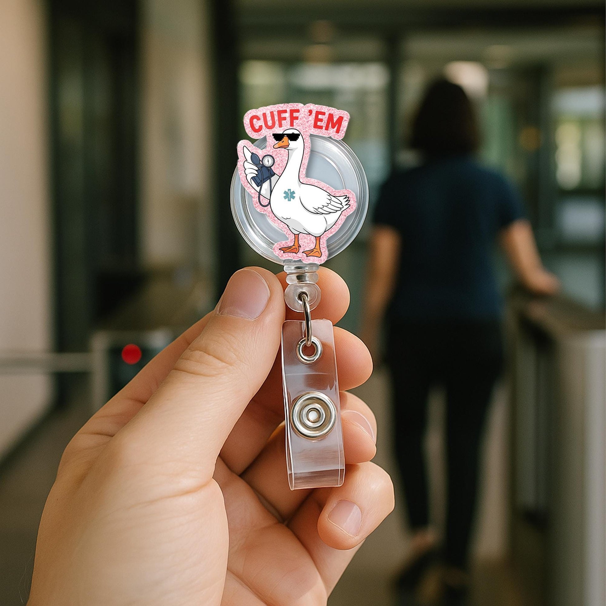 Cuff 'Em Nurse Badge Reel – Funny EMT Goose ID Holder – Cute Blood Pressure Reel – CNA Paramedic Medical Badge Clip – Nurse Week Accessory