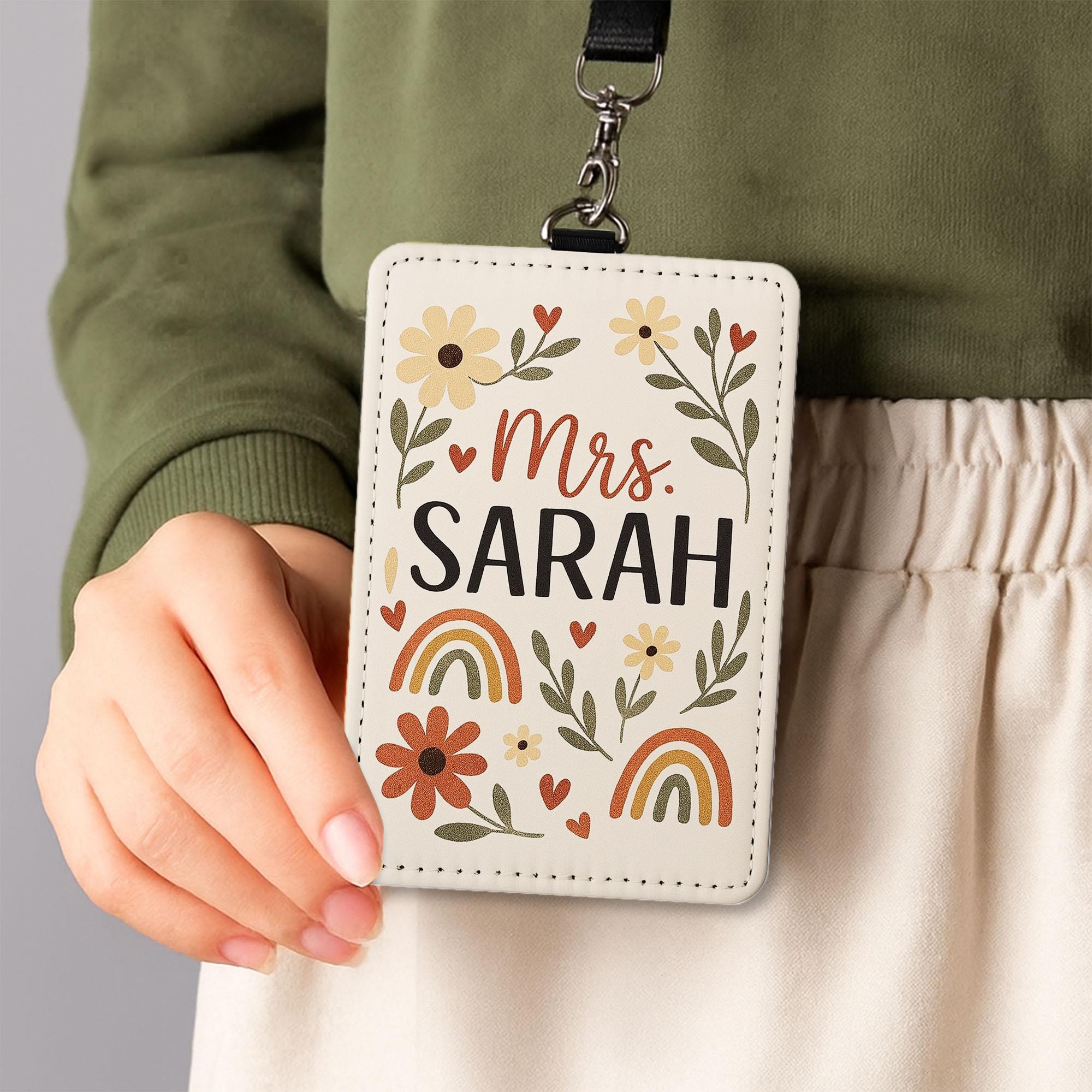 Personalized Teacher Name Badge Holder, Boho Floral ID Holder for Women, Custom Lanyard Tag, Back to School Gift for Teachers, Educators