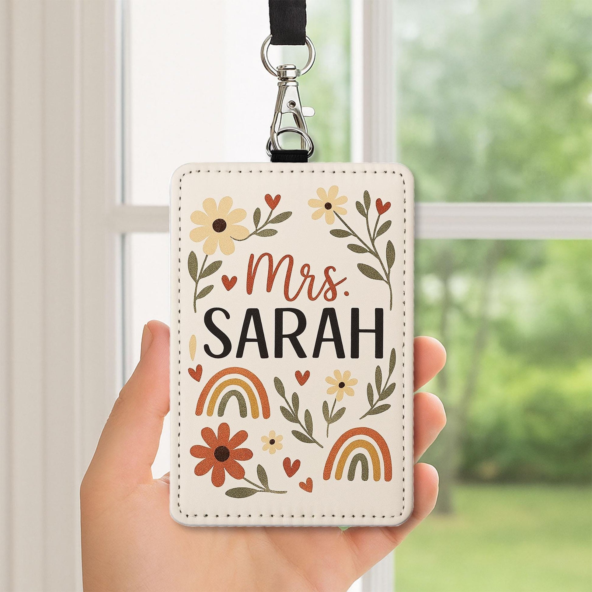 Personalized Teacher Name Badge Holder, Boho Floral ID Holder for Women, Custom Lanyard Tag, Back to School Gift for Teachers, Educators