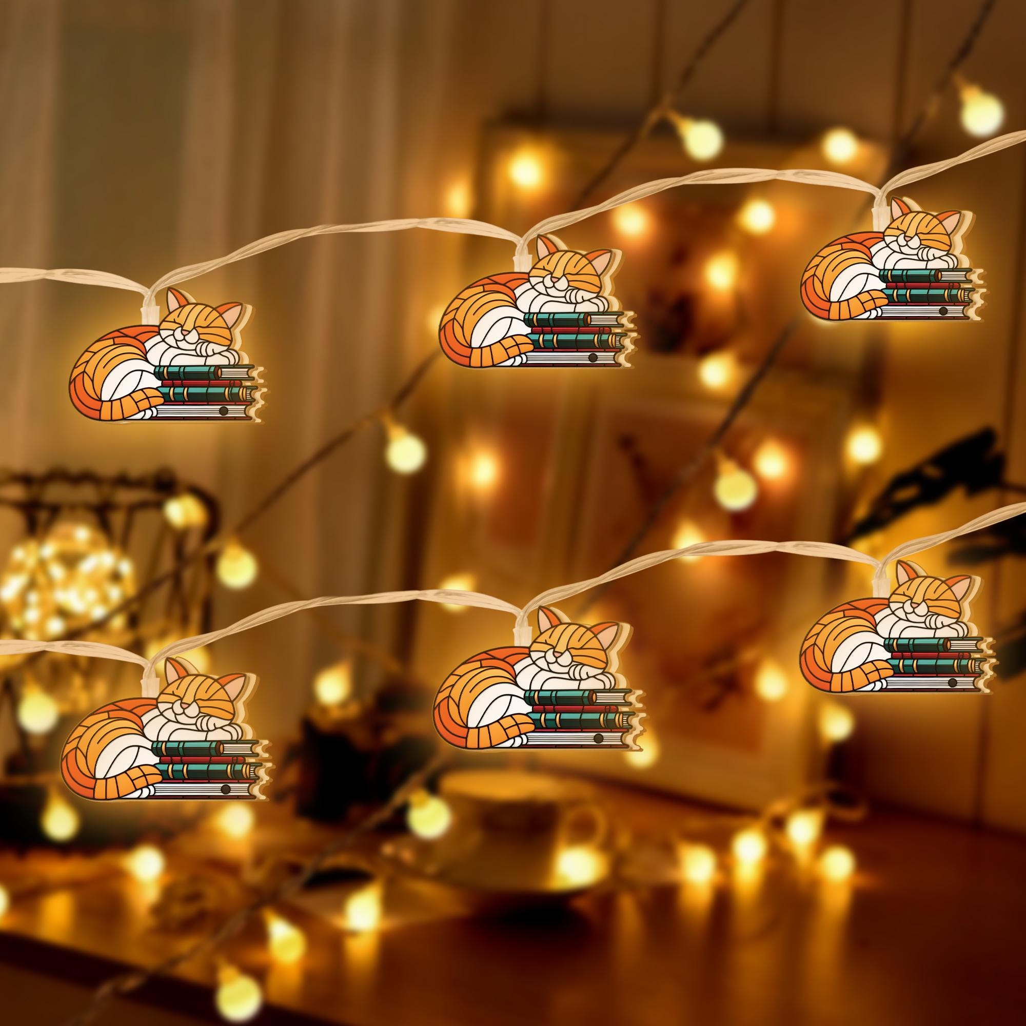 Cat Book String Lights, Cozy Reading Lights, Cute Cat Lover Decor, Bookish Bedroom Fairy Lights, Kitty String Lights for Readers