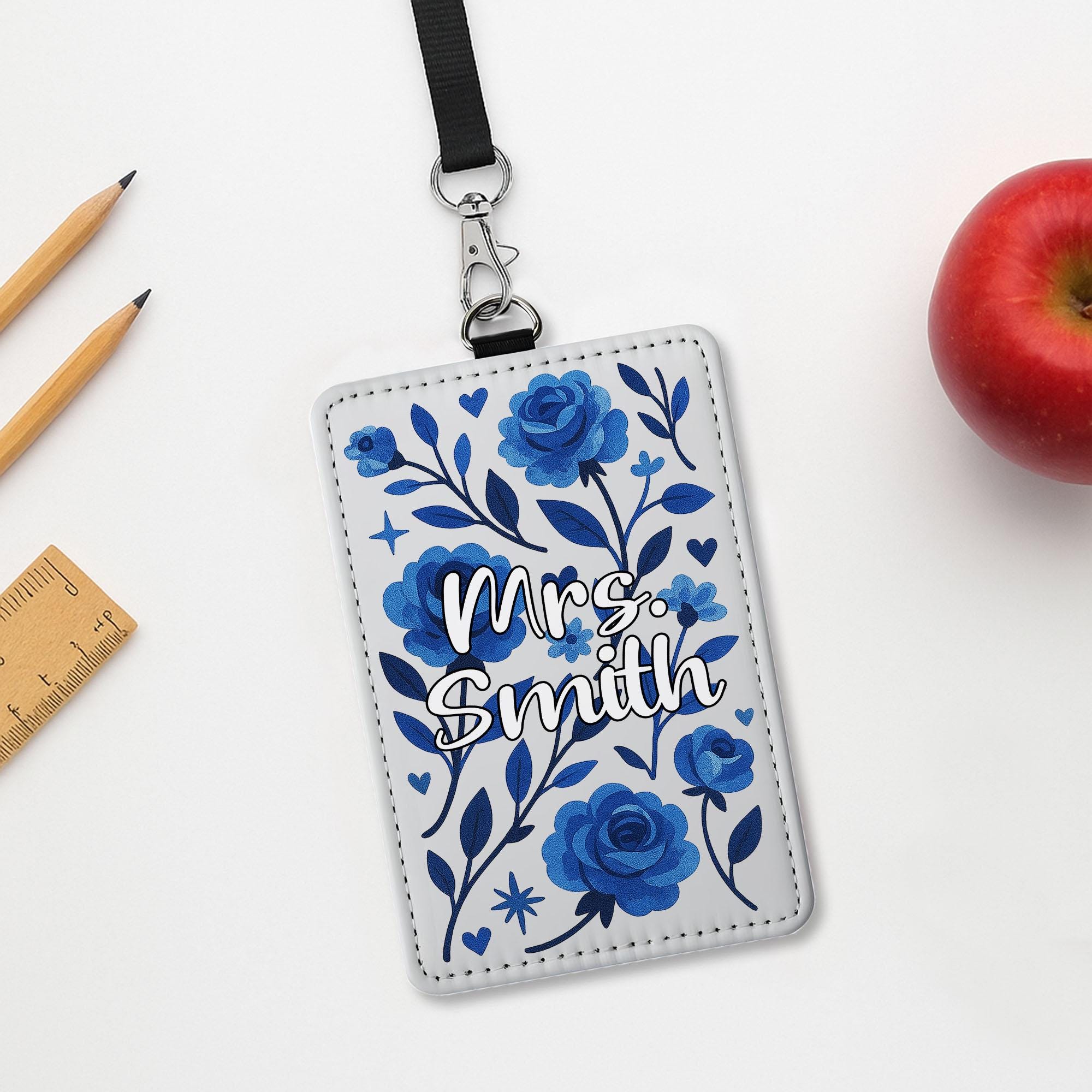 Personalized Teacher Badge Holder, Blue Floral Custom ID Tag for Women, Cute Name Lanyard, Back to School Gift To Teachers, Educators, Staff