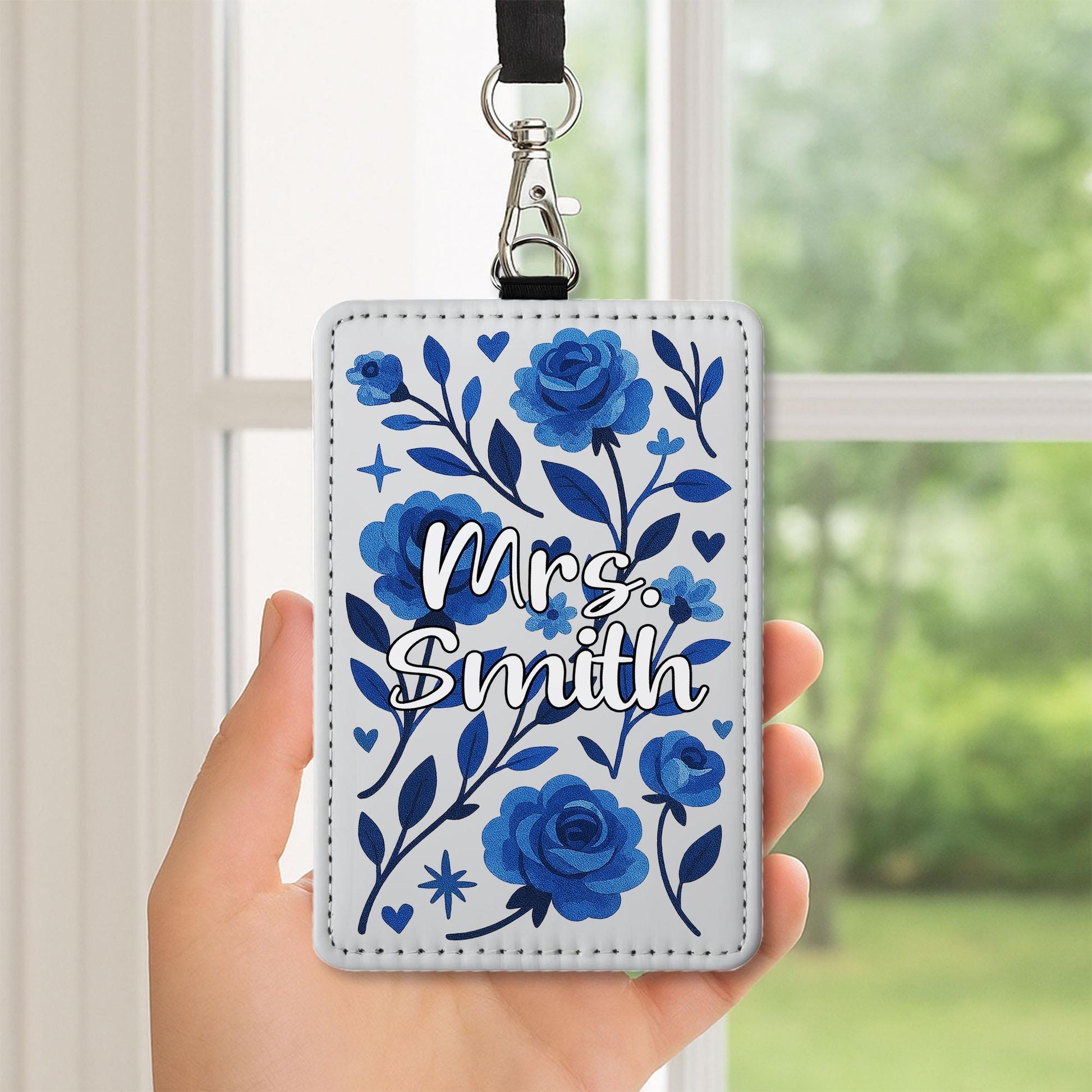Personalized Teacher Badge Holder, Blue Floral Custom ID Tag for Women, Cute Name Lanyard, Back to School Gift To Teachers, Educators, Staff