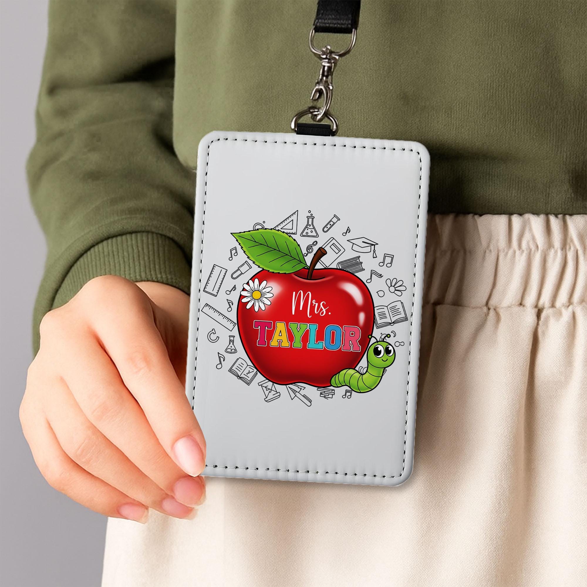 Personalized Teacher ID Badge | Cute Apple & Worm Name Tag for Women | Back to School Lanyard | Custom Gift for Teachers, Educators, Staffs