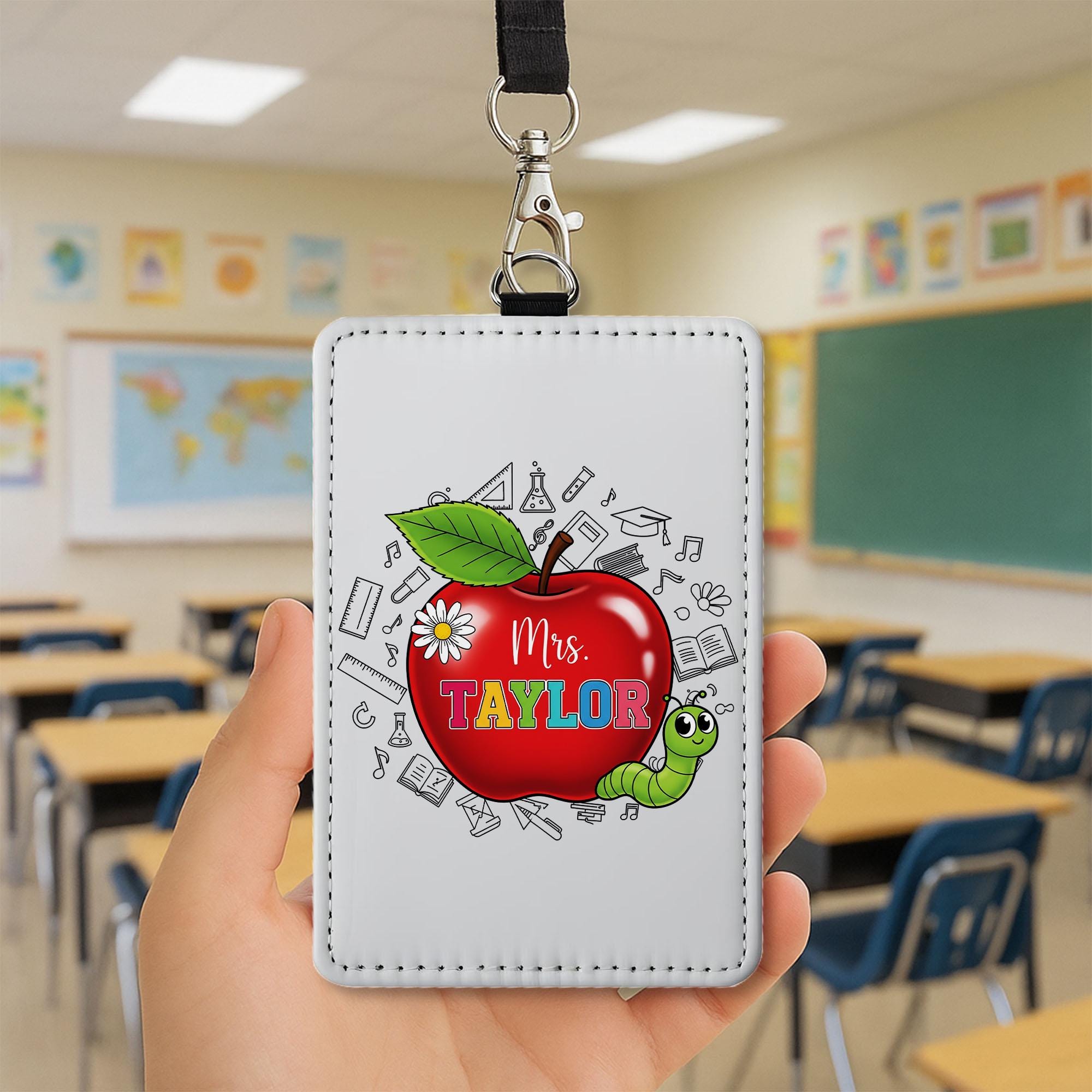 Personalized Teacher ID Badge | Cute Apple & Worm Name Tag for Women | Back to School Lanyard | Custom Gift for Teachers, Educators, Staffs