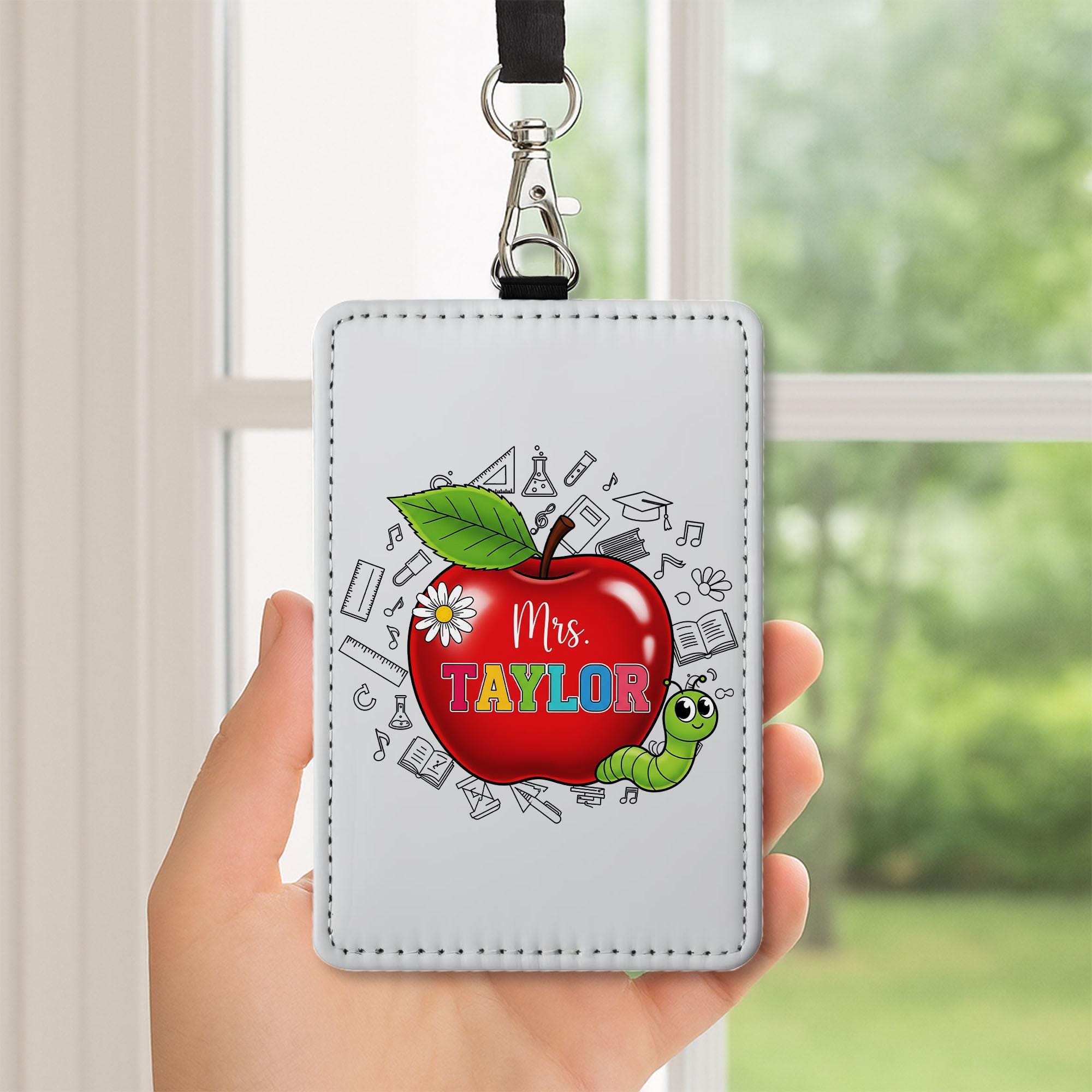 Personalized Teacher ID Badge | Cute Apple & Worm Name Tag for Women | Back to School Lanyard | Custom Gift for Teachers, Educators, Staffs