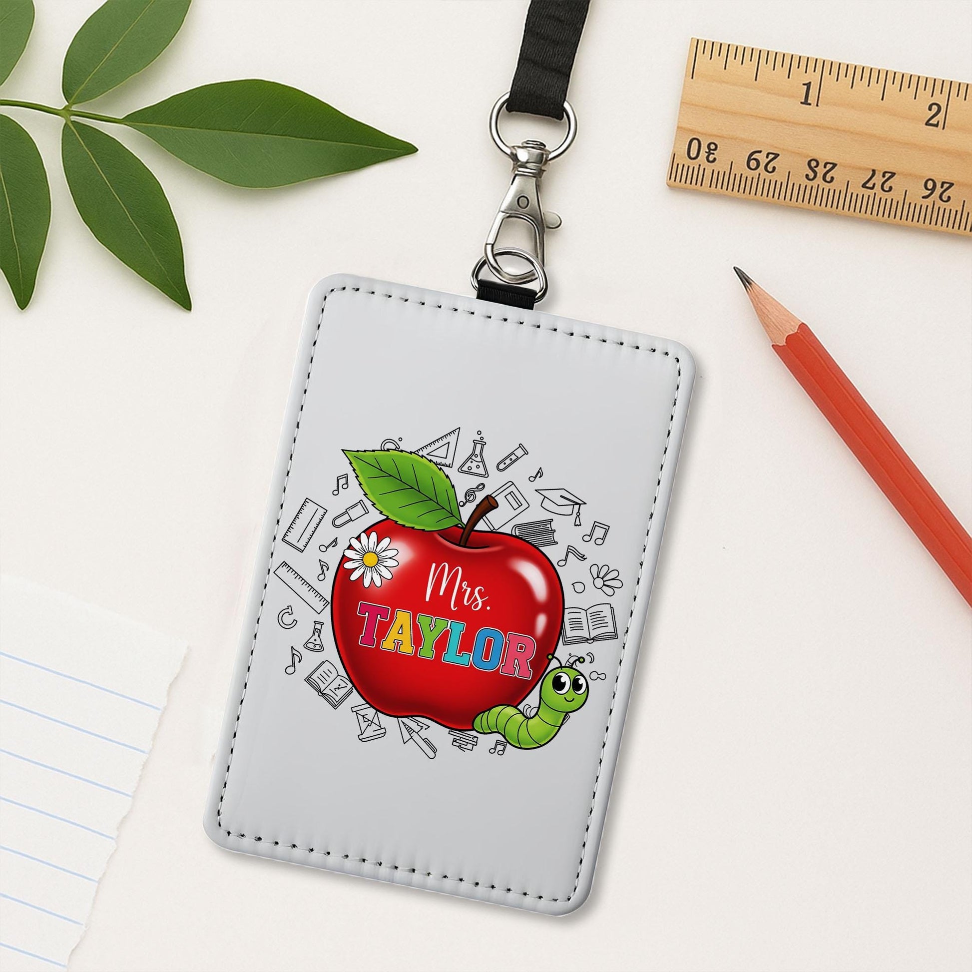 Personalized Teacher ID Badge | Cute Apple & Worm Name Tag for Women | Back to School Lanyard | Custom Gift for Teachers, Educators, Staffs