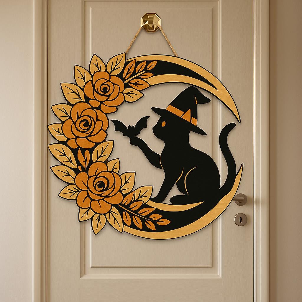 Halloween Cat Door Sign, Witch Cat Moon Wreath, Floral Bat Wall Decor, Spooky Front Door Hanger, Fall Halloween Porch Decoration