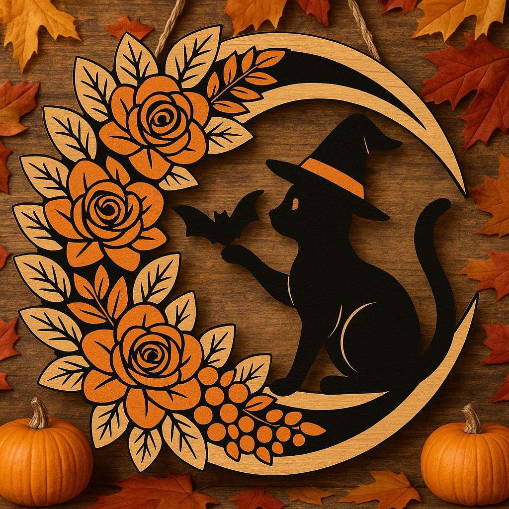 Halloween Cat Door Sign, Witch Cat Moon Wreath, Floral Bat Wall Decor, Spooky Front Door Hanger, Fall Halloween Porch Decoration