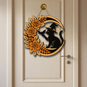 Halloween Cat Door Sign, Witch Cat Moon Wreath, Floral Bat Wall Decor, Spooky Front Door Hanger, Fall Halloween Porch Decoration