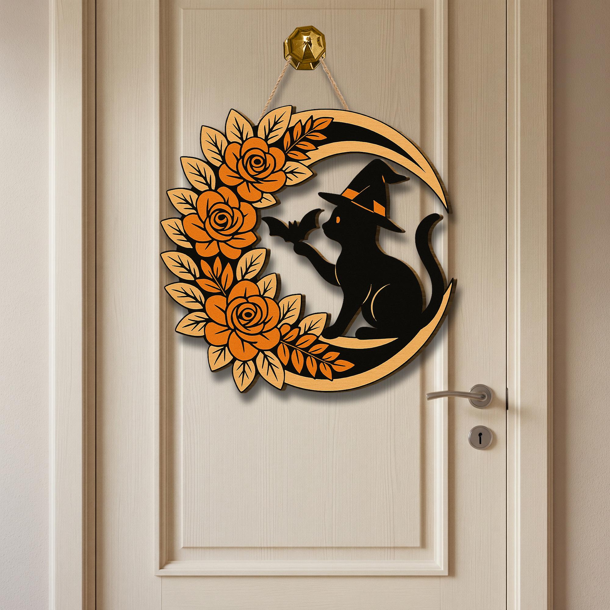 Halloween Cat Door Sign, Witch Cat Moon Wreath, Floral Bat Wall Decor, Spooky Front Door Hanger, Fall Halloween Porch Decoration