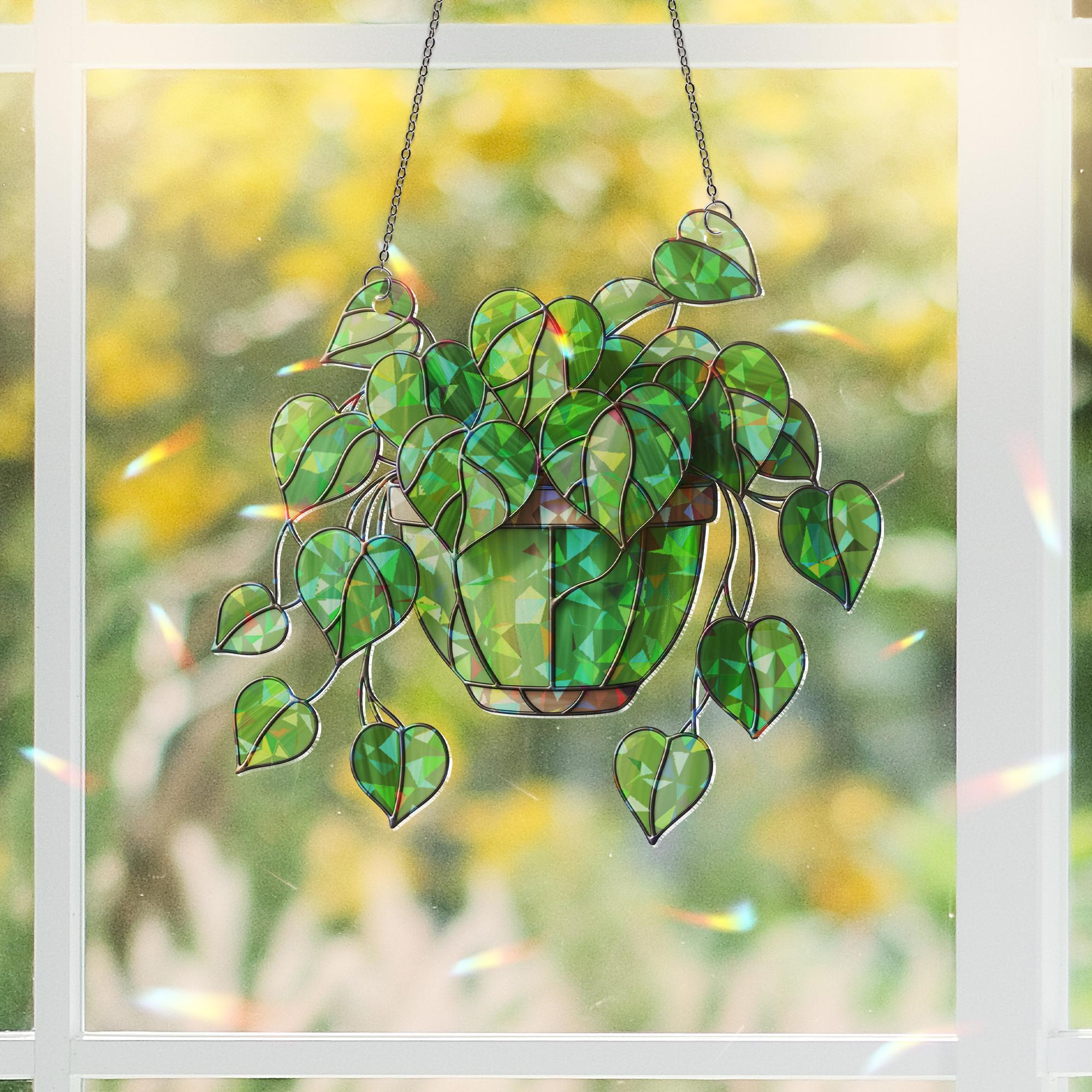 Hanging Stained Glass Heart Leaf Plant Suncatcher | Green Philodendron Window Decor | Boho Houseplant Gift