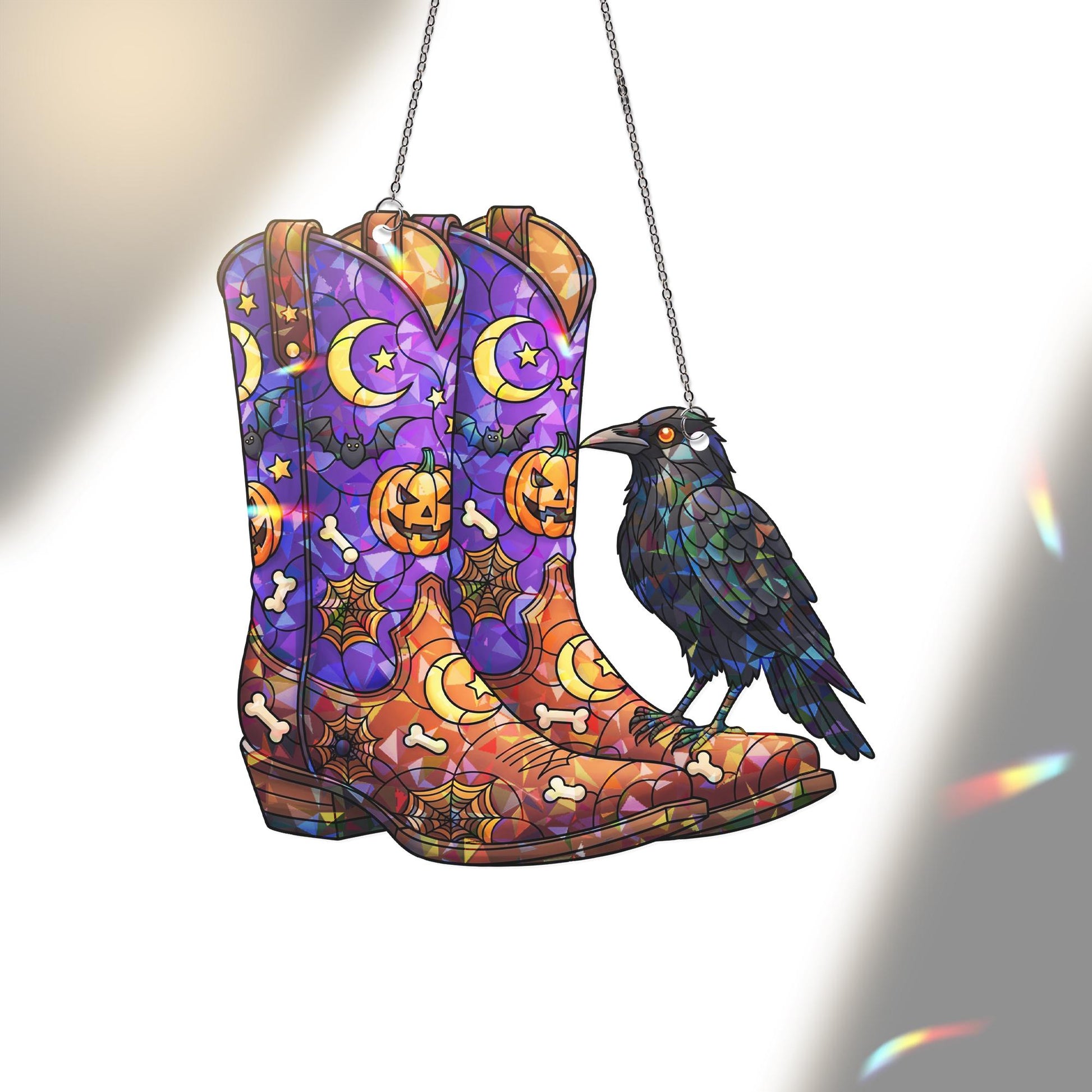 Halloween Stained Glass Cowboy Boots Suncatcher with Raven | Western Spooky Window Decor | Fall Gothic Gift