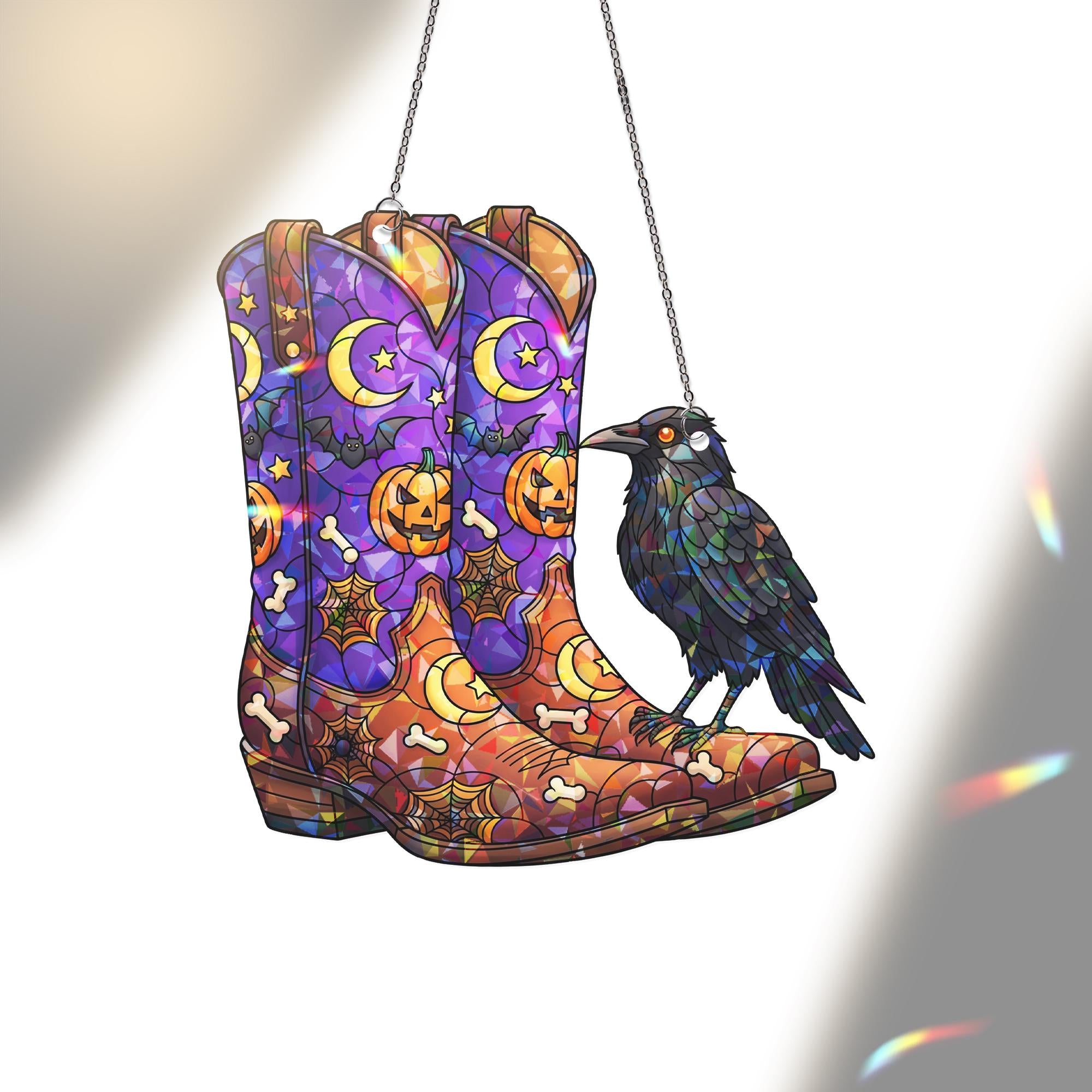 Halloween Stained Glass Cowboy Boots Suncatcher with Raven | Western Spooky Window Decor | Fall Gothic Gift