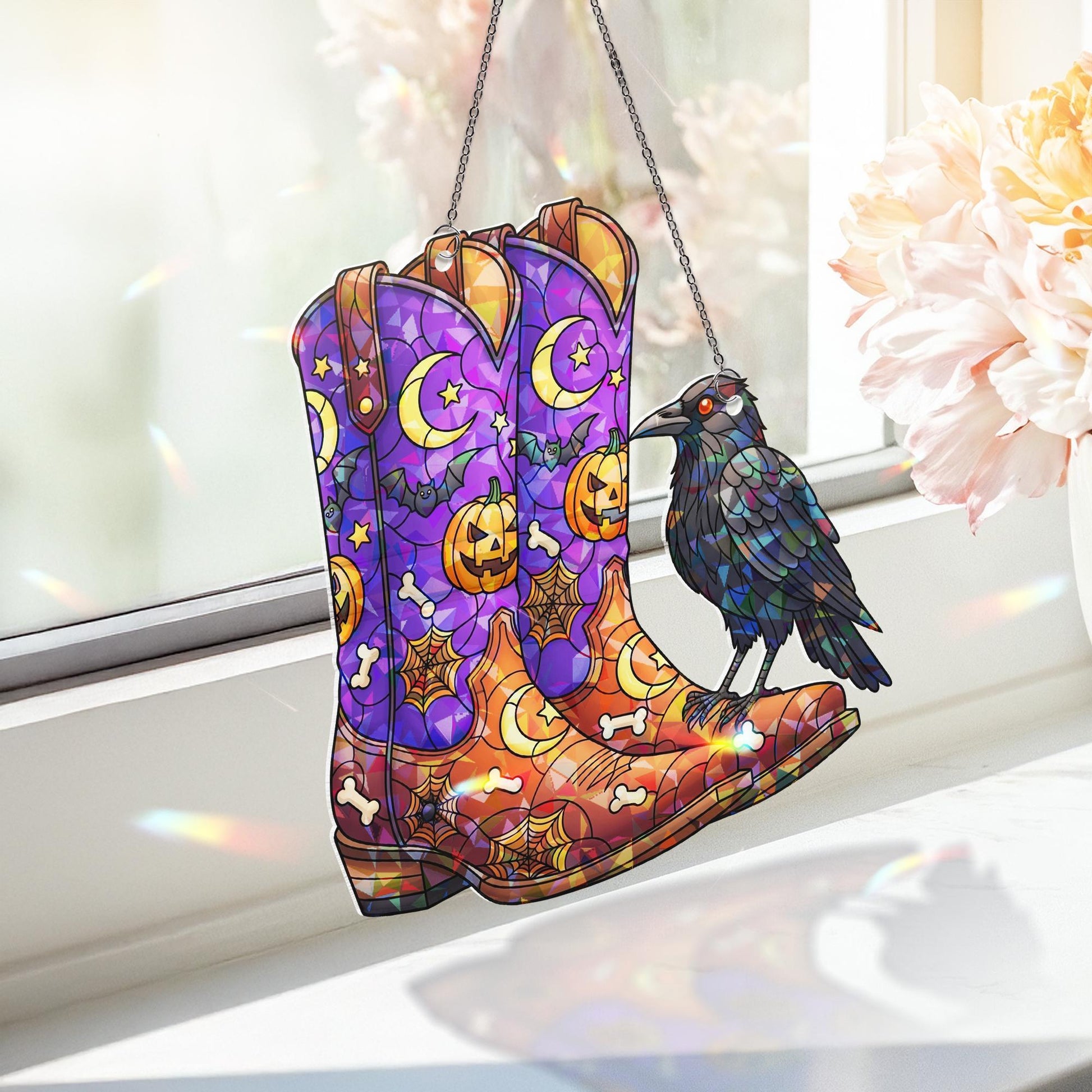 Halloween Stained Glass Cowboy Boots Suncatcher with Raven | Western Spooky Window Decor | Fall Gothic Gift