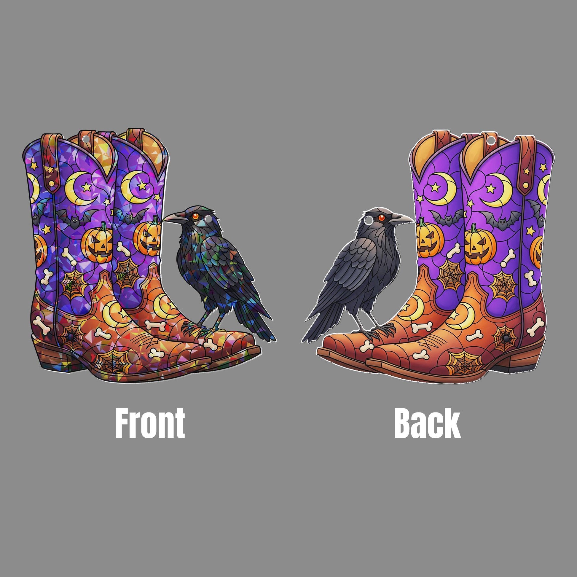 Halloween Stained Glass Cowboy Boots Suncatcher with Raven | Western Spooky Window Decor | Fall Gothic Gift