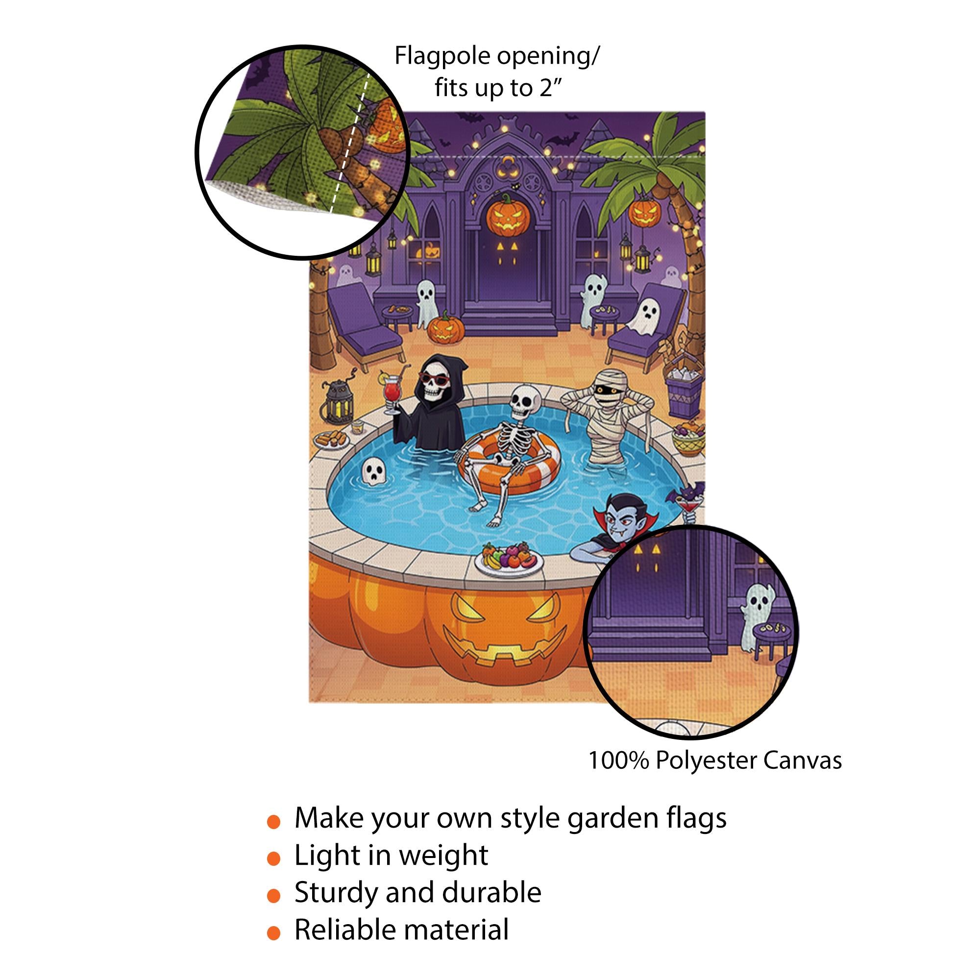 Halloween Pool Party Garden Flag | Spooky Outdoor Yard Decor | Skeleton Vampire Grim Reaper Mummy Patio Banner