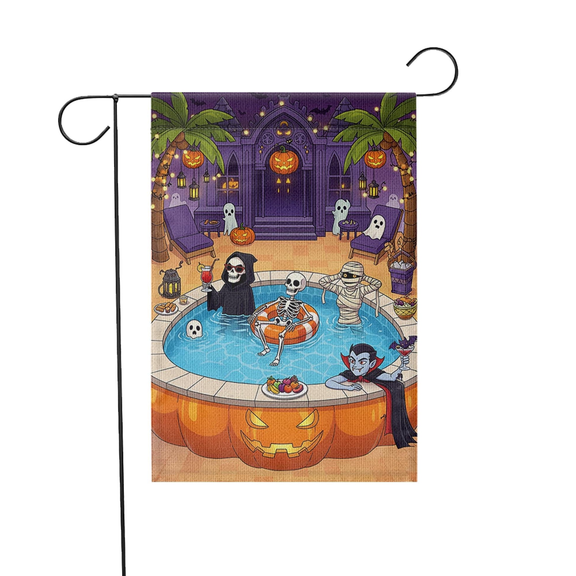 Halloween Pool Party Garden Flag | Spooky Outdoor Yard Decor | Skeleton Vampire Grim Reaper Mummy Patio Banner