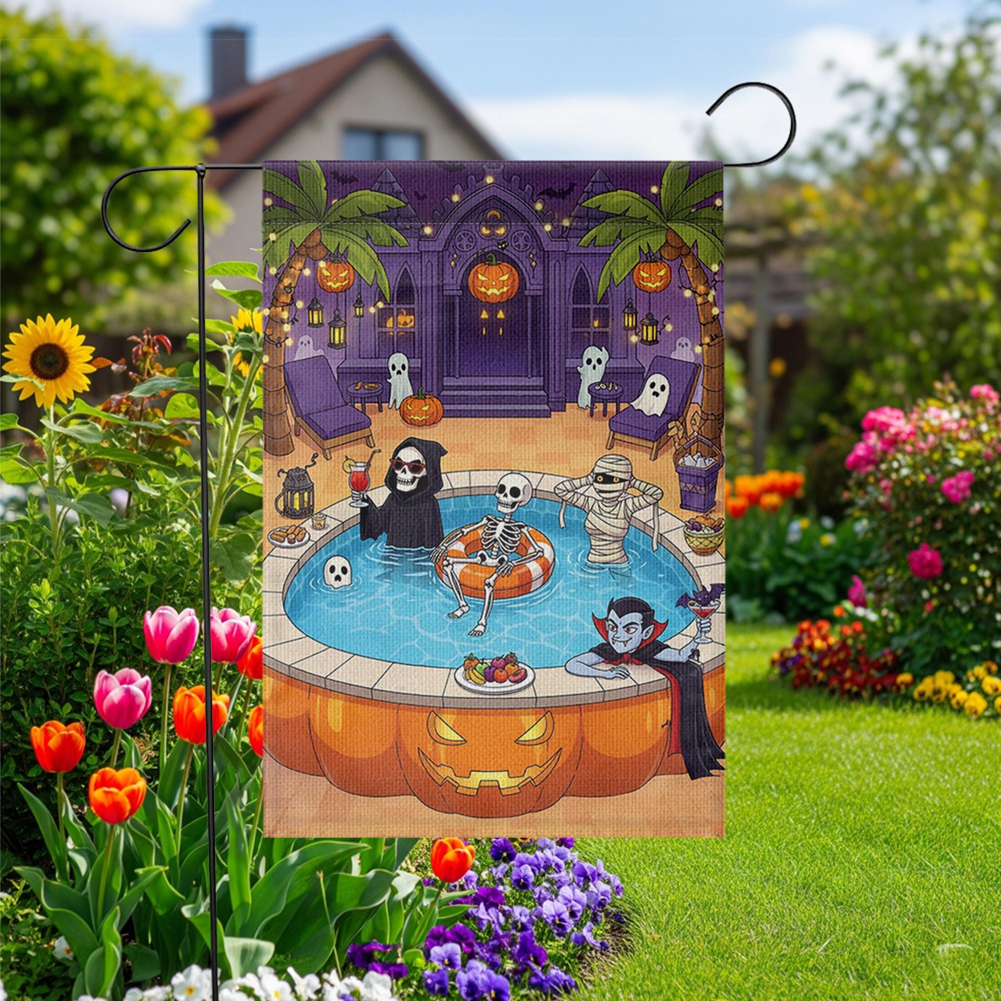 Halloween Pool Party Garden Flag | Spooky Outdoor Yard Decor | Skeleton Vampire Grim Reaper Mummy Patio Banner