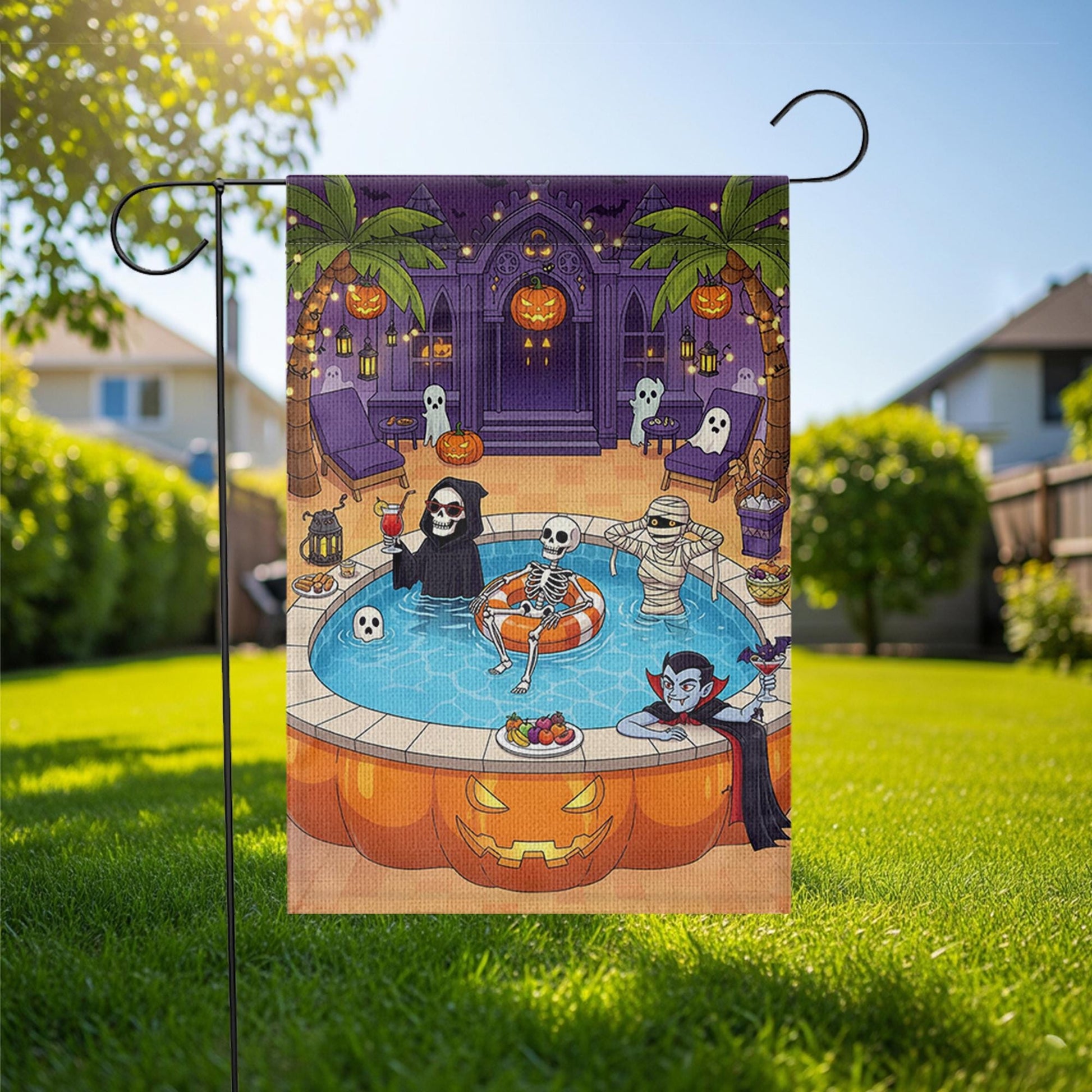 Halloween Pool Party Garden Flag | Spooky Outdoor Yard Decor | Skeleton Vampire Grim Reaper Mummy Patio Banner